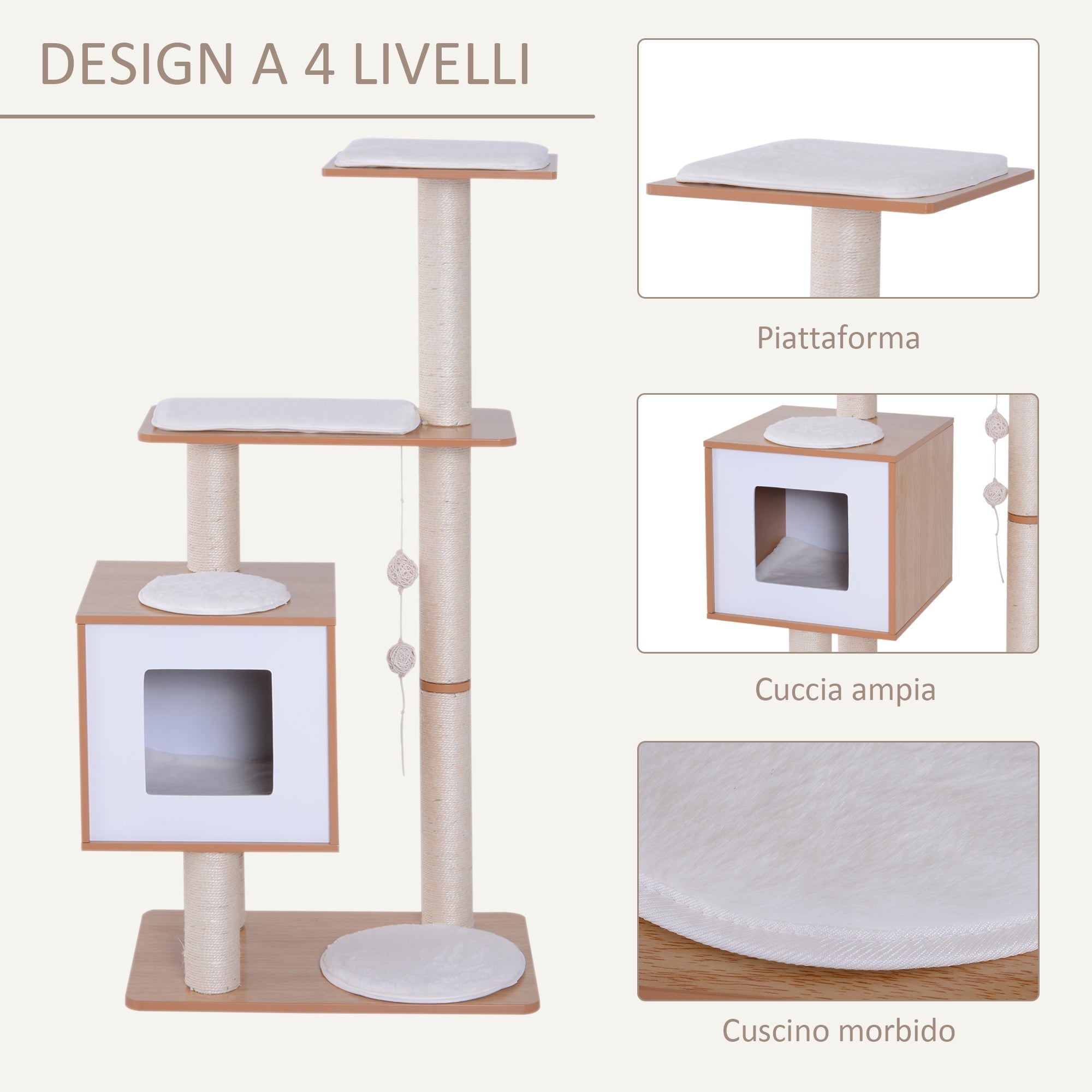 EASYCOMFORT Cat Scratching Post Height 120cm with Kennel, Platforms and Sisal Games, MDF 71.5x49.5x120cm wood, white