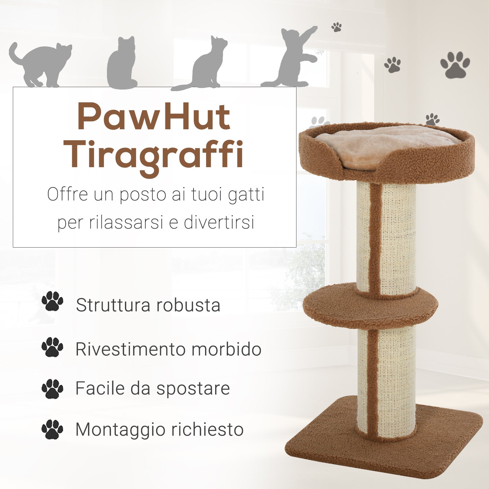Easycomfort Tiragraffi ad Albero per Gatti with Cuccia, Cuscino, Rivestimento Peluche e Pali in Corda Sisal