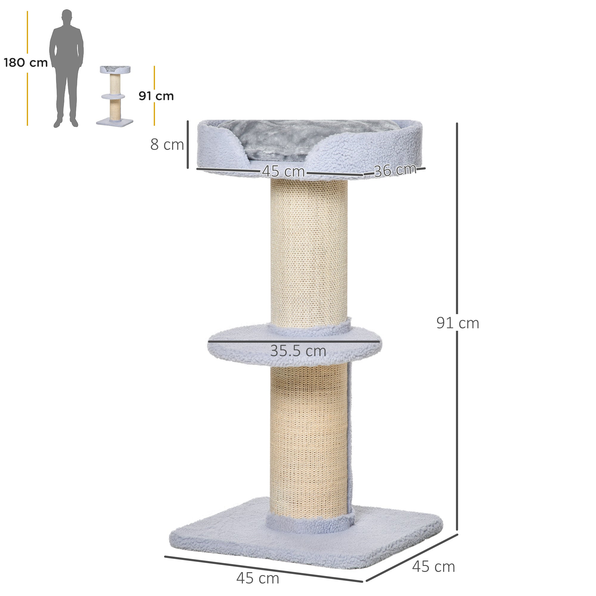 EASYCOMFORT Scratching Post for Cats with Bed, Plush Cover and Sisal Pole, 45x45x91cm, Light Blue