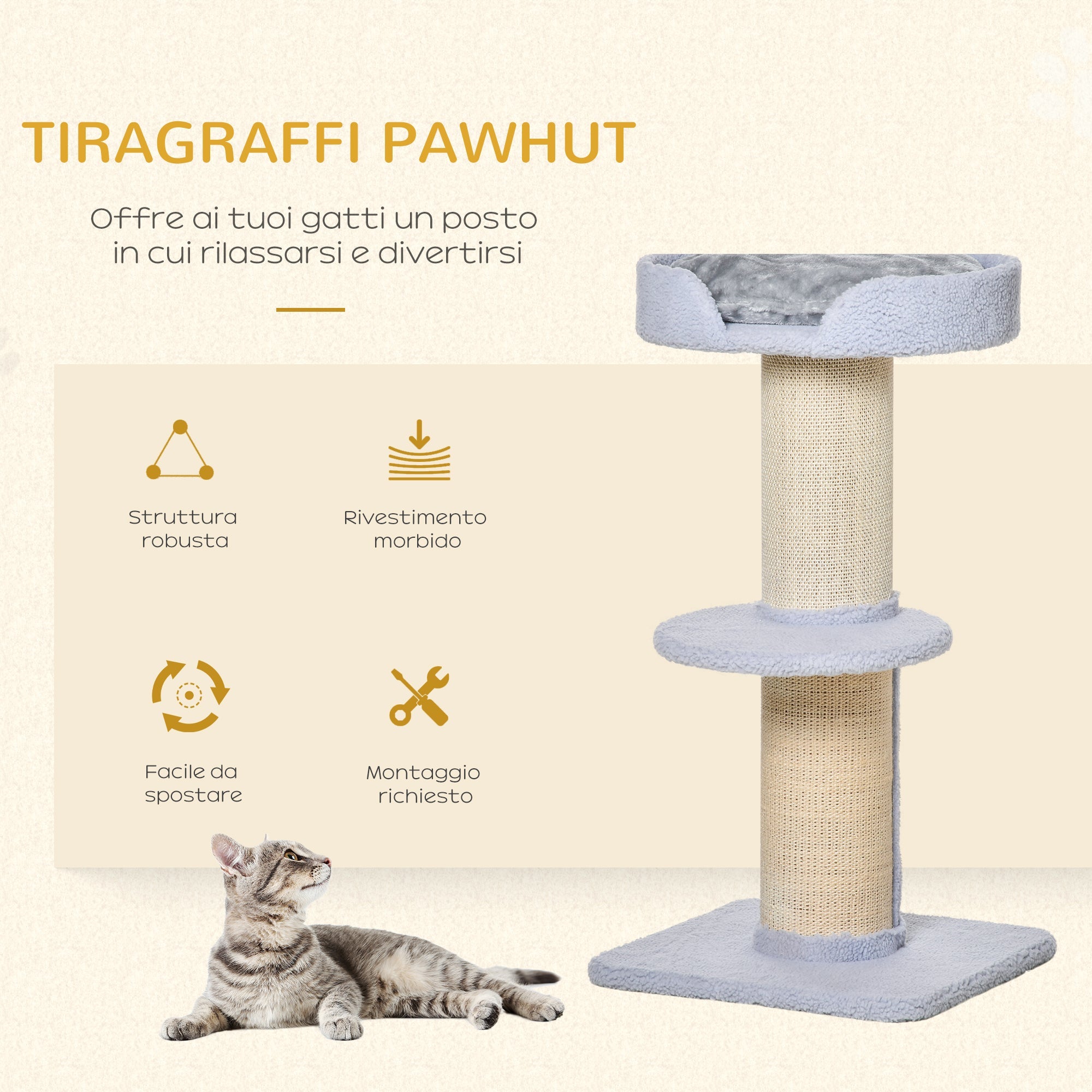 EASYCOMFORT Scratching Post for Cats with Bed, Plush Cover and Sisal Pole, 45x45x91cm, Light Blue