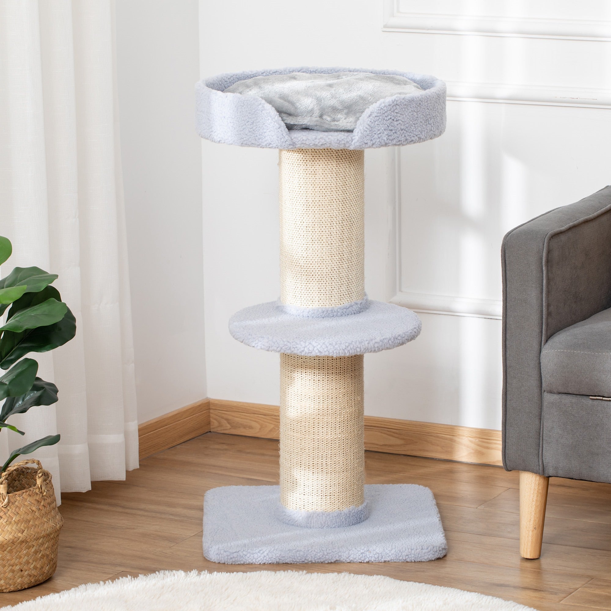 EASYCOMFORT Scratching Post for Cats with Bed, Plush Cover and Sisal Pole, 45x45x91cm, Light Blue