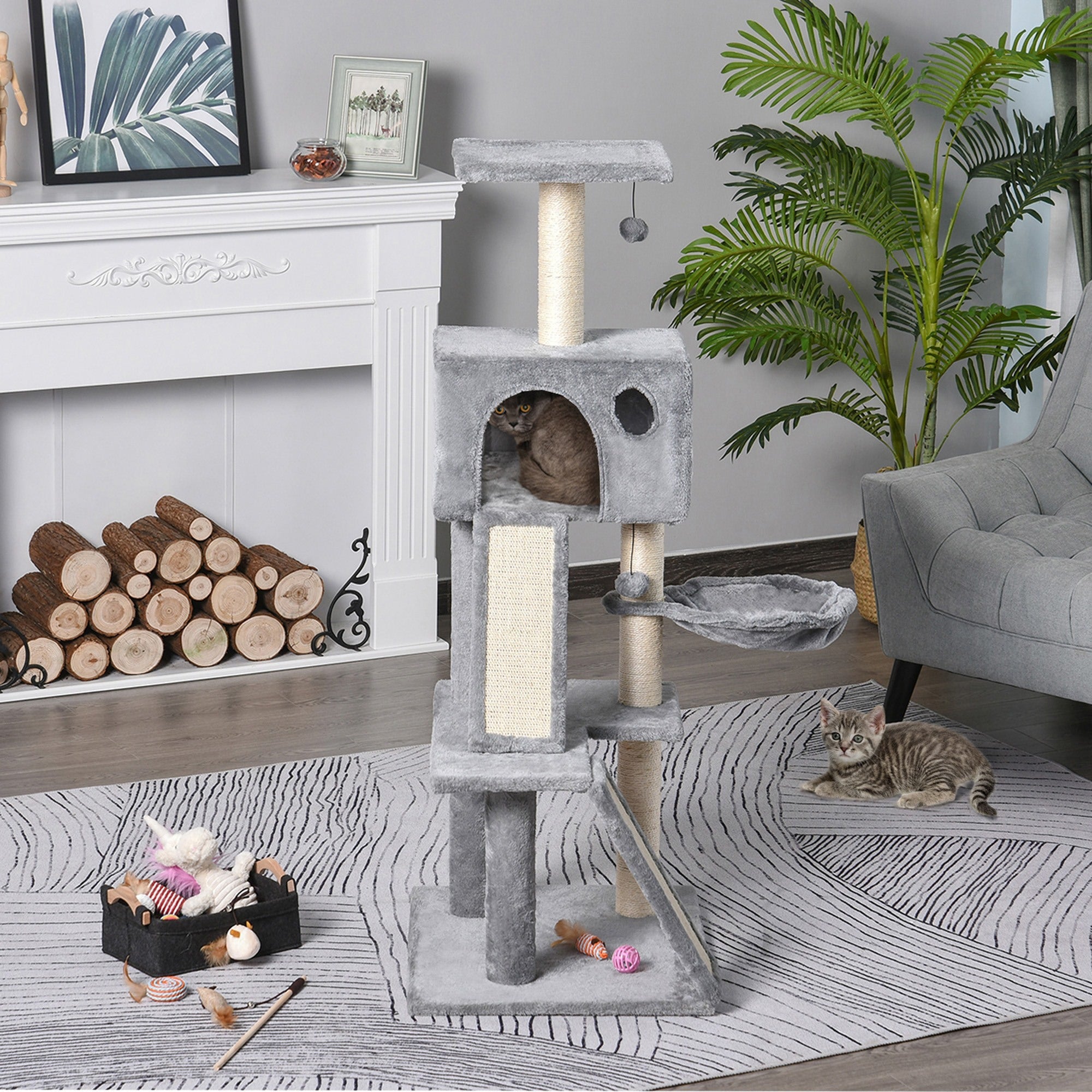 EASYCOMFORT Scratching Tree Equipped with Kennel, Suspended Bed and 2 Platforms in Gray Plush and Sisal Rope 60x49x130cm