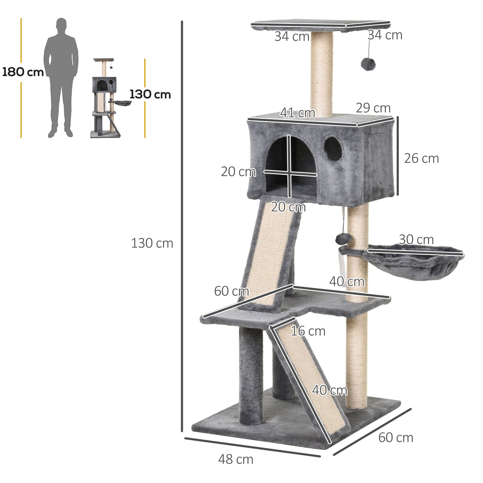 EASYCOMFORT Scratching Tree Equipped with Kennel, Suspended Bed and 2 Platforms in Gray Plush and Sisal Rope 60x49x130cm