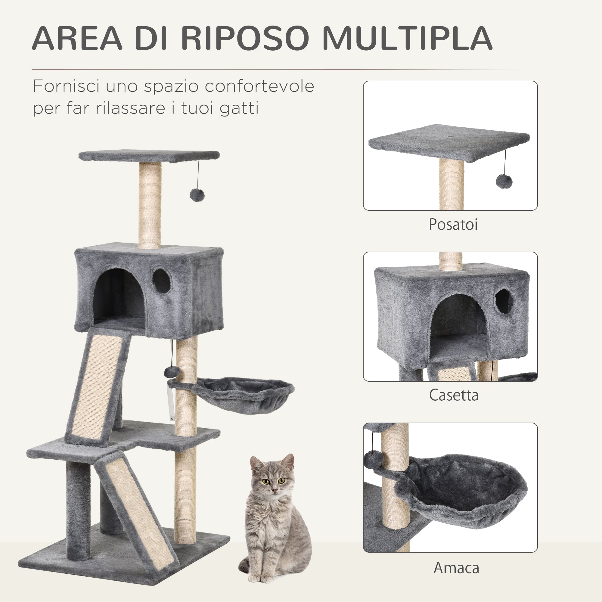 EASYCOMFORT Scratching Tree Equipped with Kennel, Suspended Bed and 2 Platforms in Gray Plush and Sisal Rope 60x49x130cm