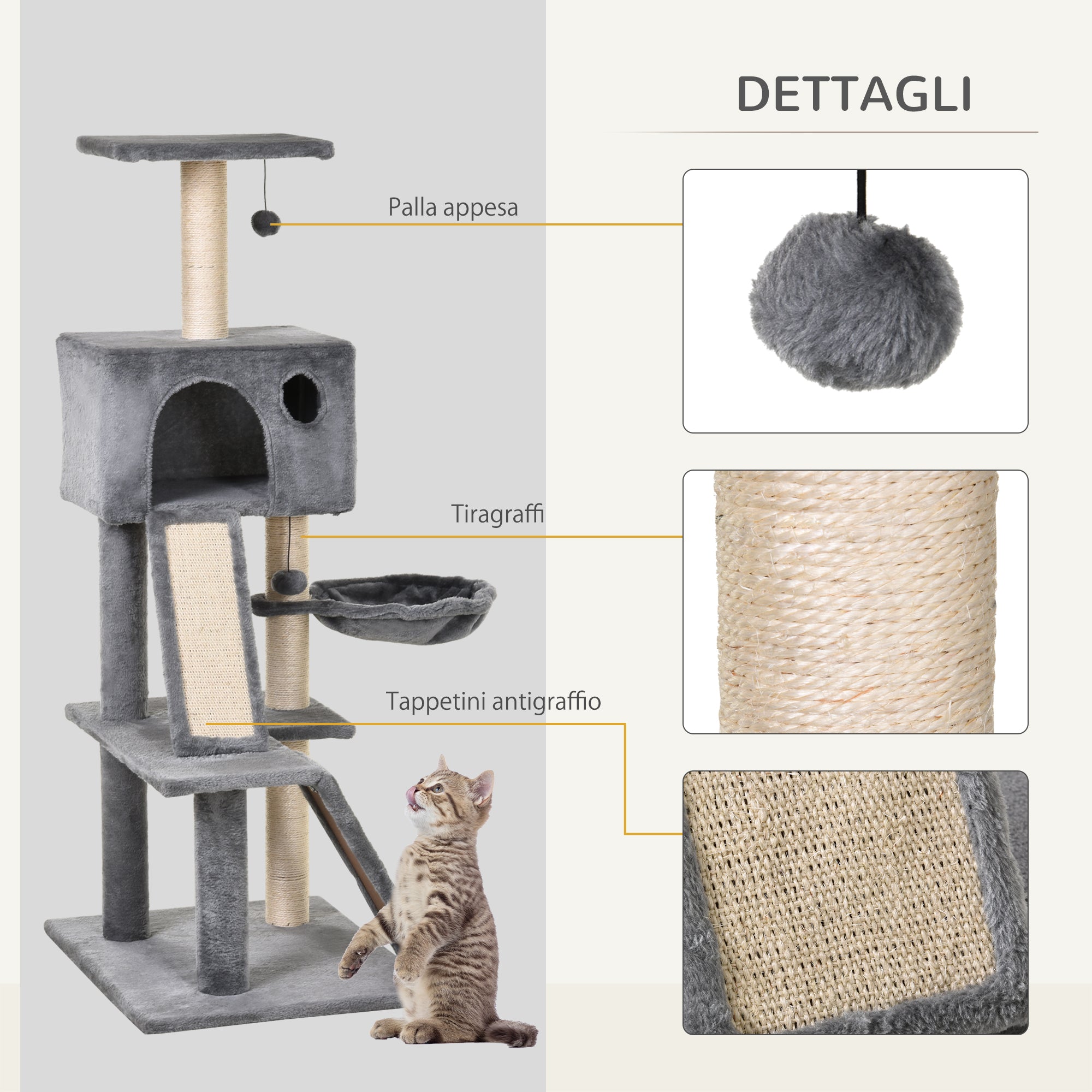 EASYCOMFORT Scratching Tree Equipped with Kennel, Suspended Bed and 2 Platforms in Gray Plush and Sisal Rope 60x49x130cm