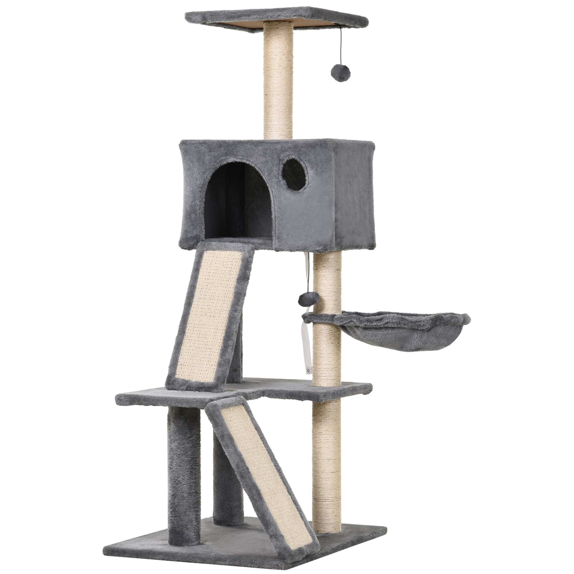 EASYCOMFORT Scratching Tree Equipped with Kennel, Suspended Bed and 2 Platforms in Gray Plush and Sisal Rope 60x49x130cm