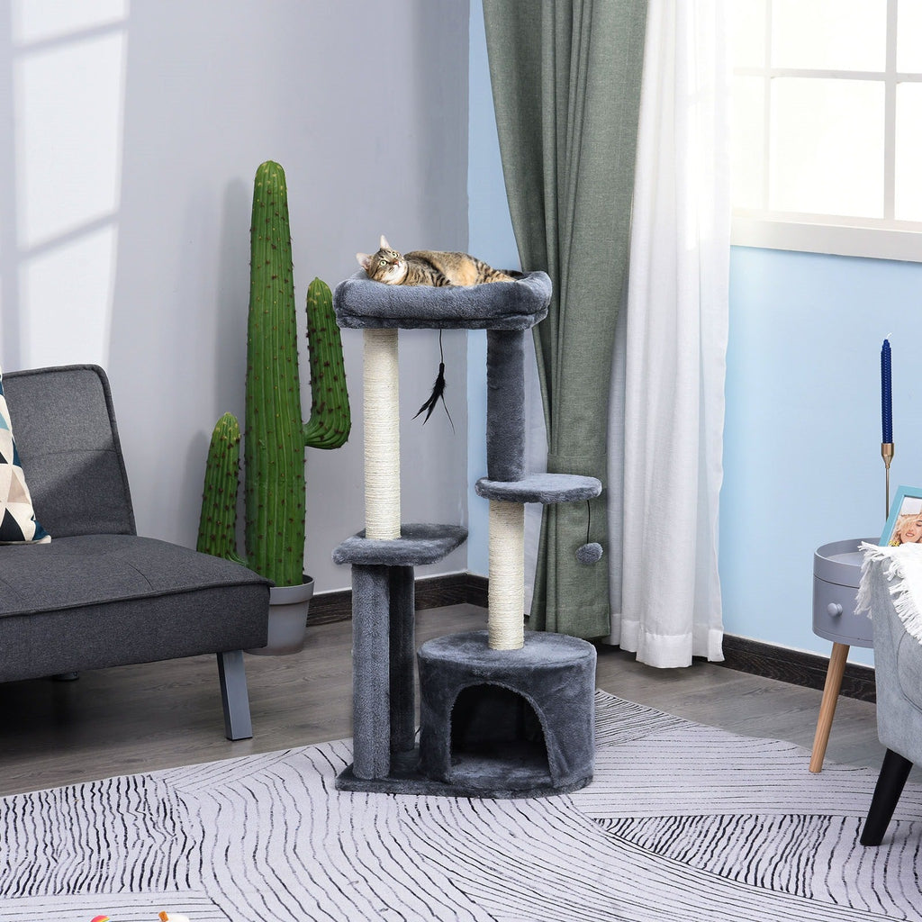 EasyComfort krabpaal met huisje en 2 plateaus 48x35x100 cm - wit/grijs