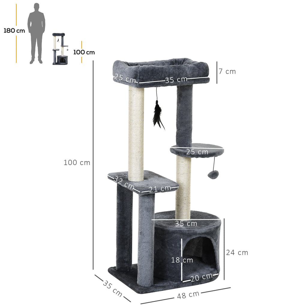 EasyComfort krabpaal met huisje en 2 plateaus 48x35x100 cm - wit/grijs