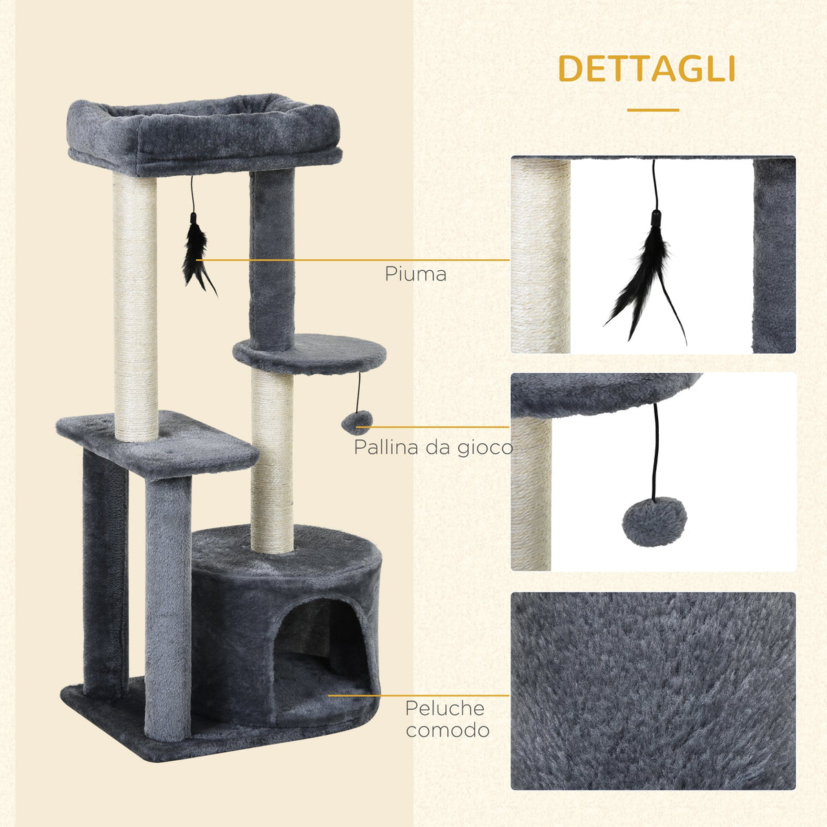 EasyComfort krabpaal met huisje en 2 plateaus 48x35x100 cm - wit/grijs