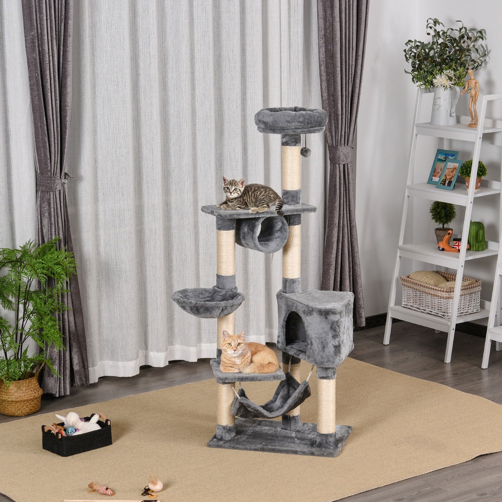 EASYCOMFORT Column Scratching Post for Cats with Kennel, Hammock, Suspended Beds and Sisal Rope Poles, Grey, 60x40x154cm