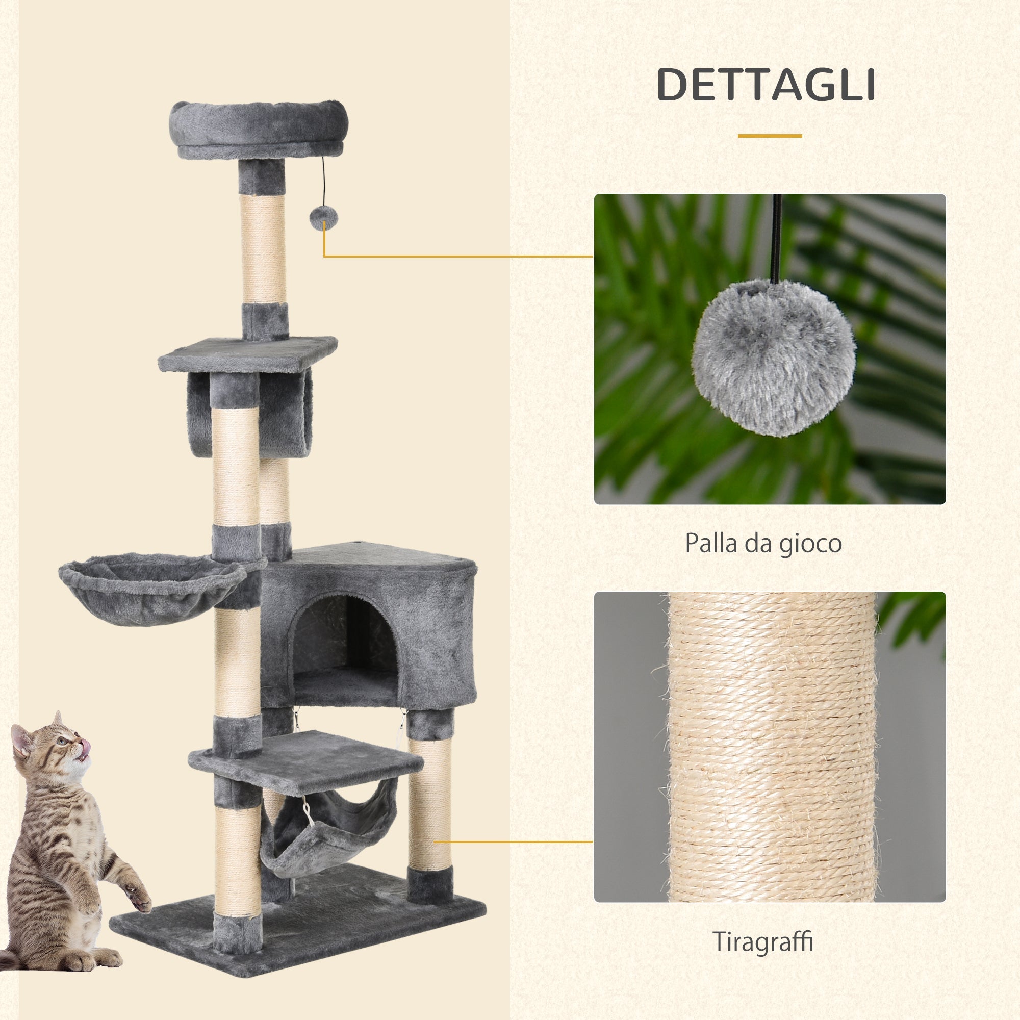 EASYCOMFORT Column Scratching Post for Cats with Kennel, Hammock, Suspended Beds and Sisal Rope Poles, Grey, 60x40x154cm