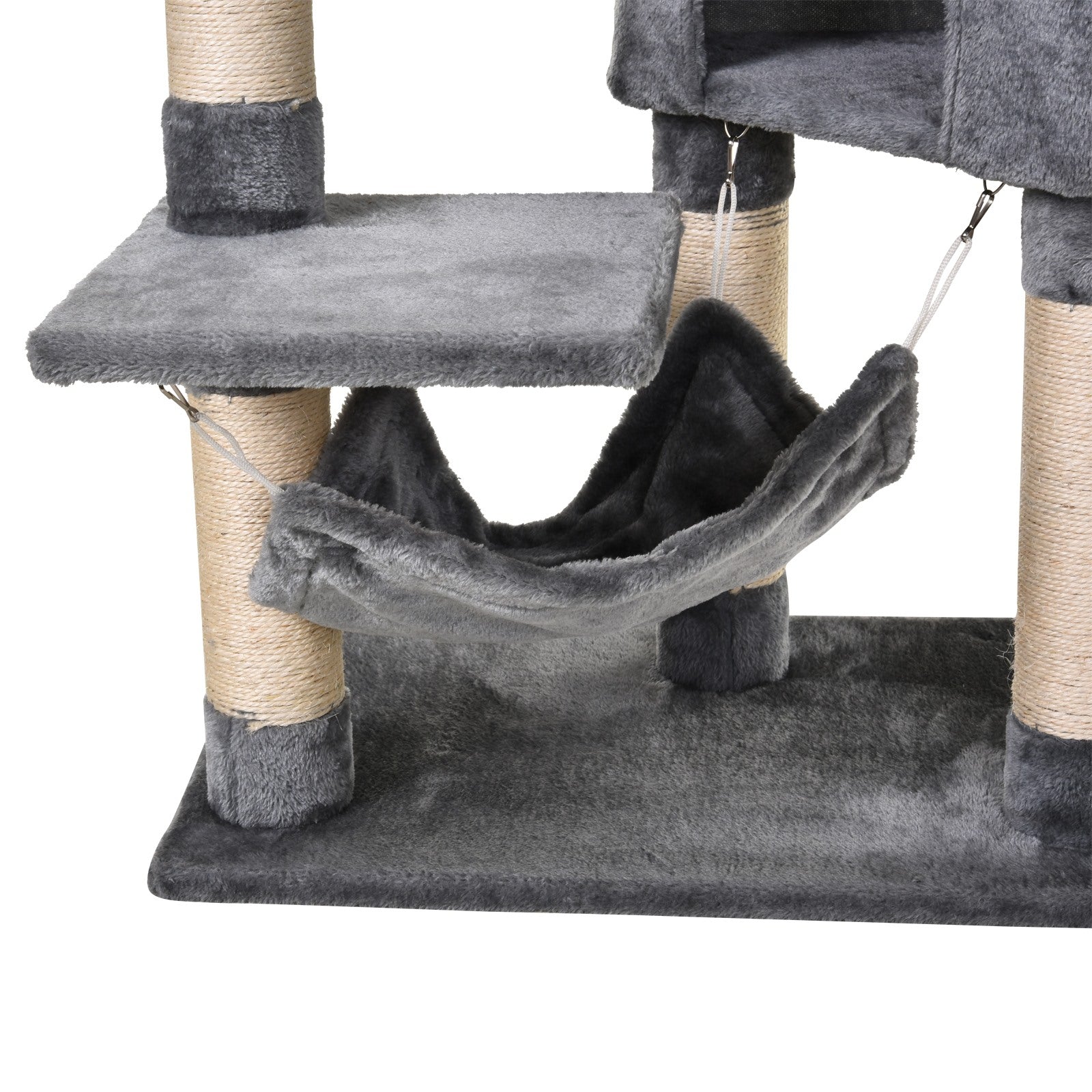EASYCOMFORT Column Scratching Post for Cats with Kennel, Hammock, Suspended Beds and Sisal Rope Poles, Grey, 60x40x154cm