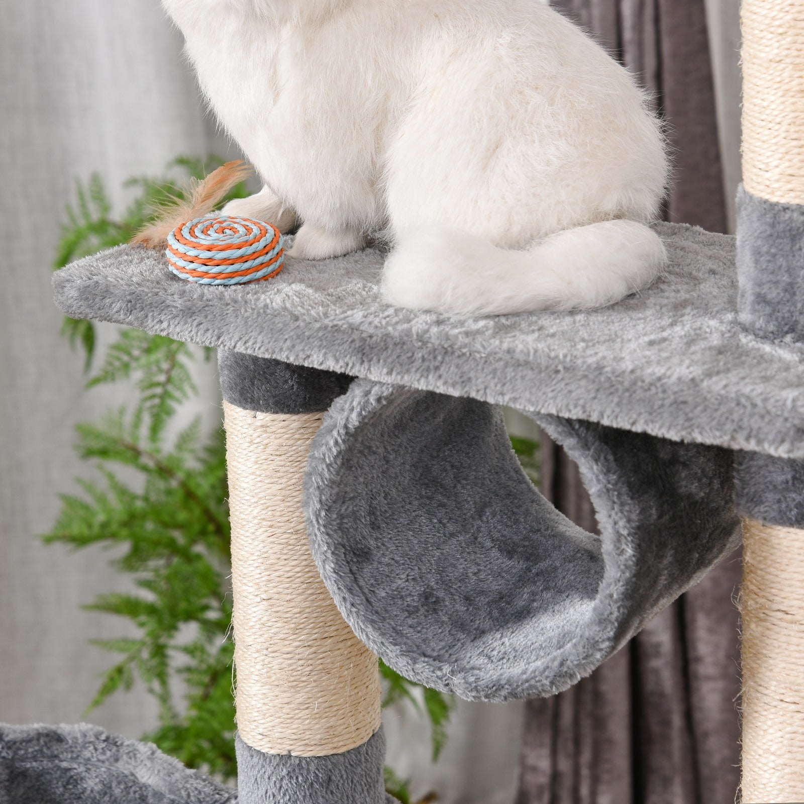 EASYCOMFORT Column Scratching Post for Cats with Kennel, Hammock, Suspended Beds and Sisal Rope Poles, Grey, 60x40x154cm