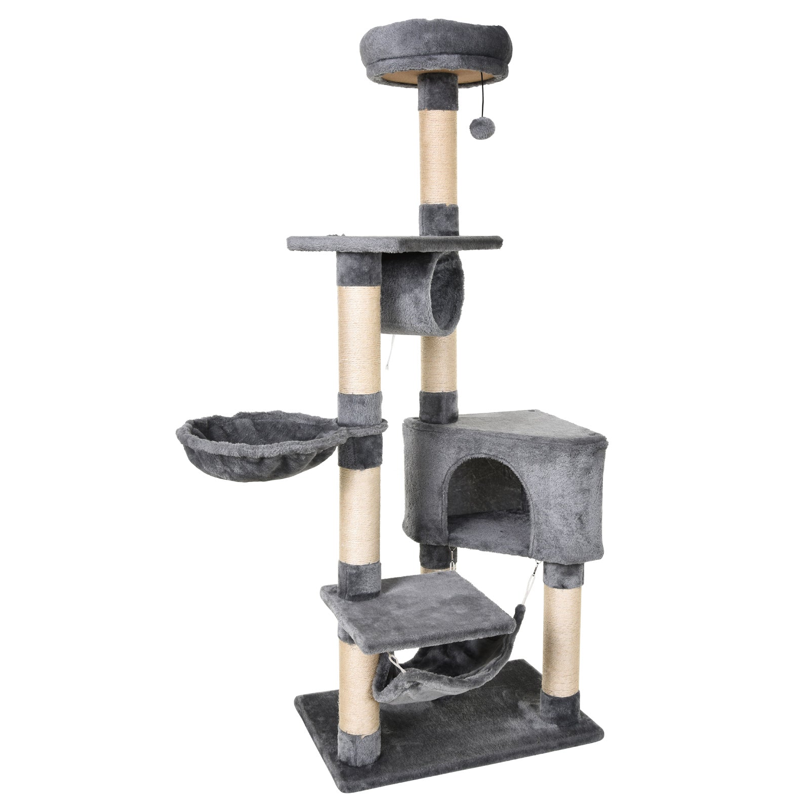 EASYCOMFORT Column Scratching Post for Cats with Kennel, Hammock, Suspended Beds and Sisal Rope Poles, Grey, 60x40x154cm