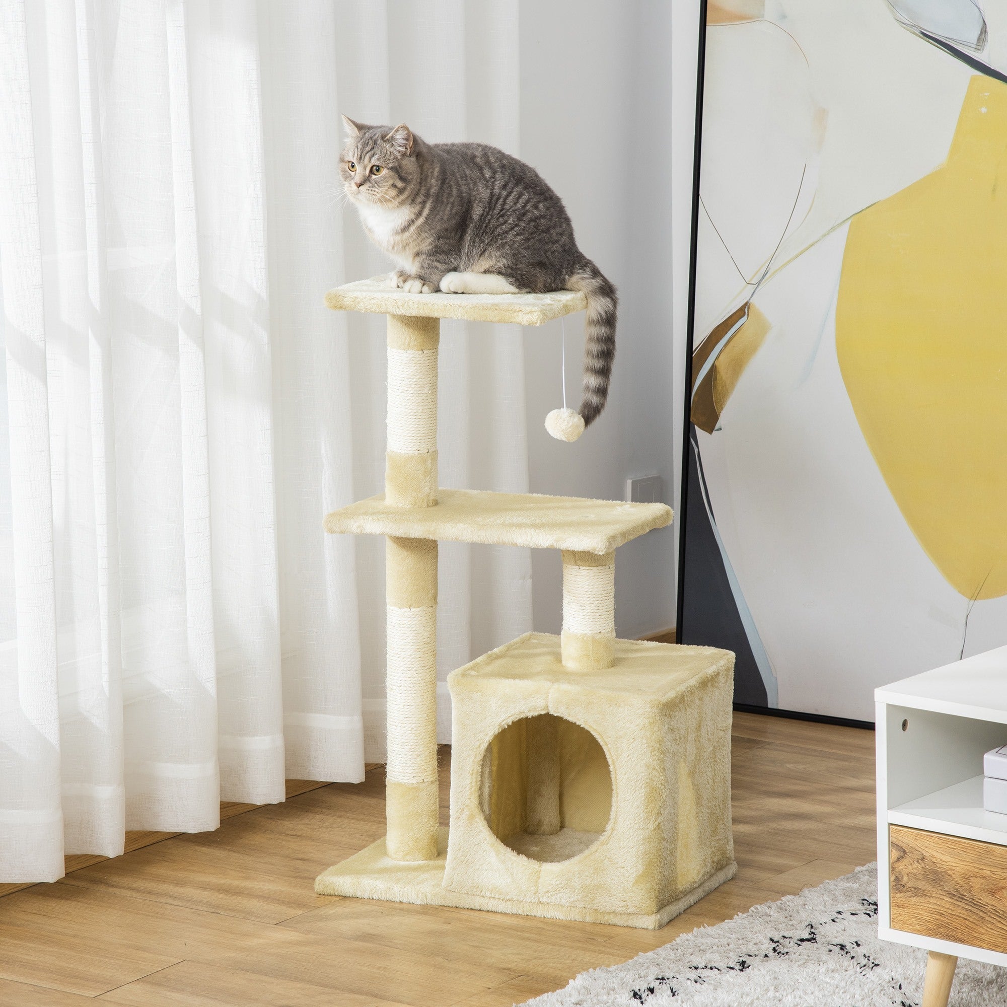EASYCOMFORT Scratching Post for Cats with Ball Kennel and Poles in Beige Sisal Rope 50 x 30 x 80cm