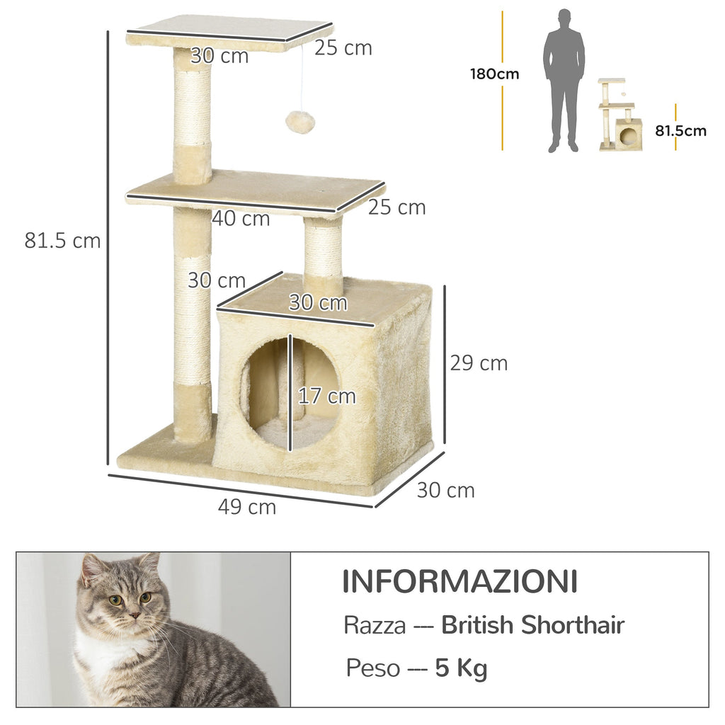 EASYCOMFORT Scratching Post for Cats with Ball Kennel and Poles in Beige Sisal Rope 50 x 30 x 80cm