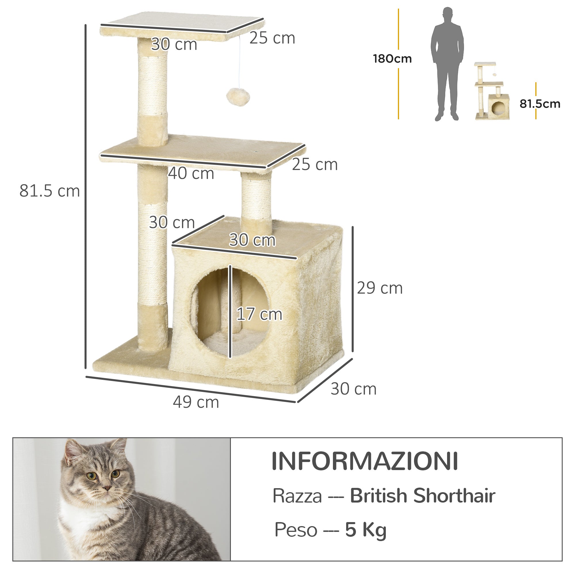 EASYCOMFORT Scratching Post for Cats with Ball Kennel and Poles in Beige Sisal Rope 50 x 30 x 80cm