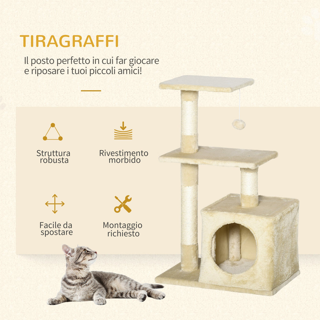EASYCOMFORT Scratching Post for Cats with Ball Kennel and Poles in Beige Sisal Rope 50 x 30 x 80cm
