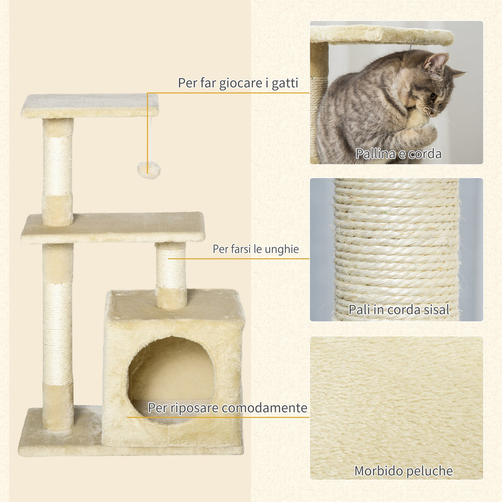 EASYCOMFORT Scratching Post for Cats with Ball Kennel and Poles in Beige Sisal Rope 50 x 30 x 80cm