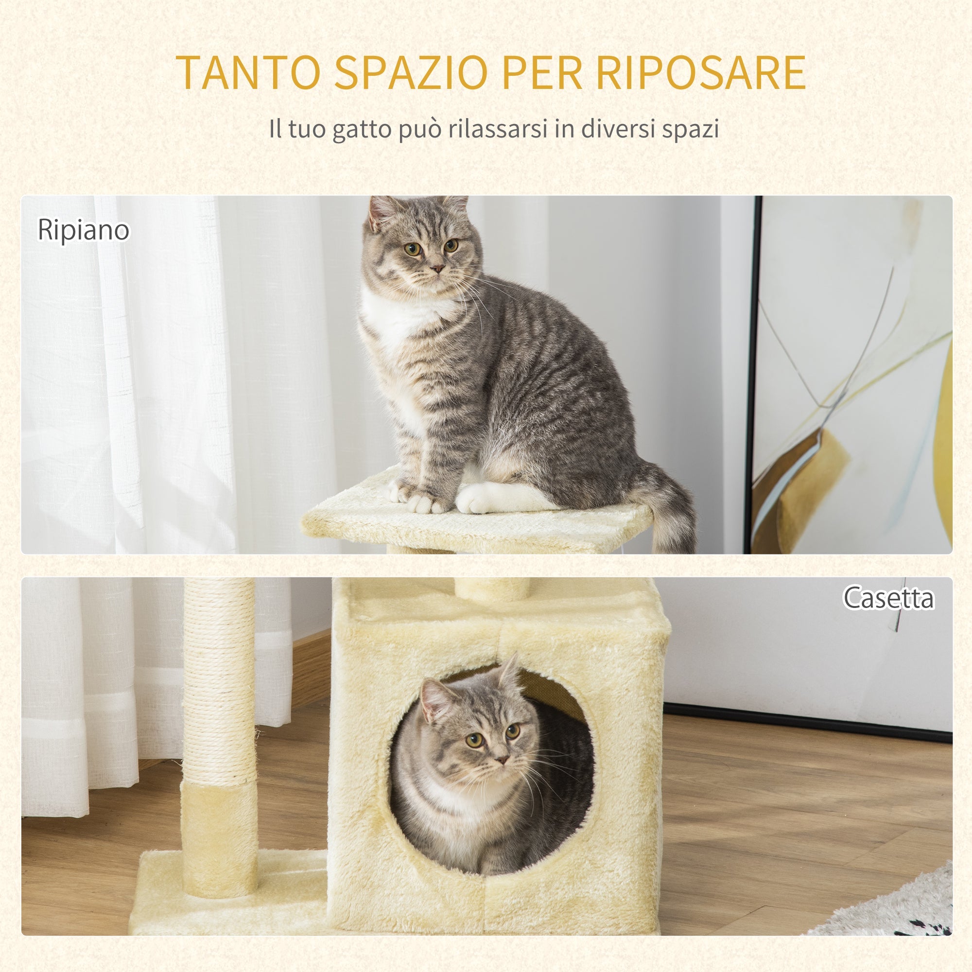 EASYCOMFORT Scratching Post for Cats with Ball Kennel and Poles in Beige Sisal Rope 50 x 30 x 80cm