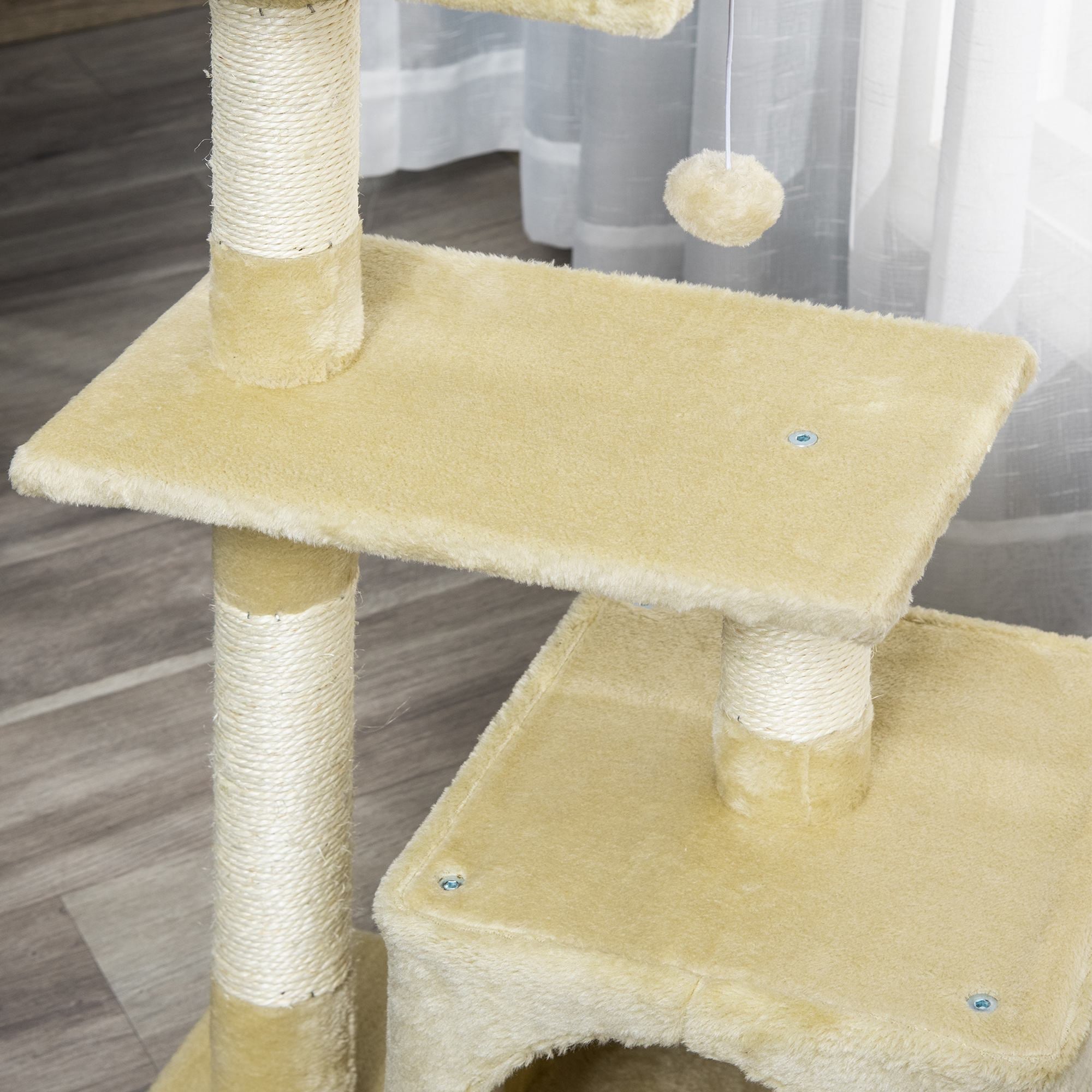 EASYCOMFORT Scratching Post for Cats with Ball Kennel and Poles in Beige Sisal Rope 50 x 30 x 80cm
