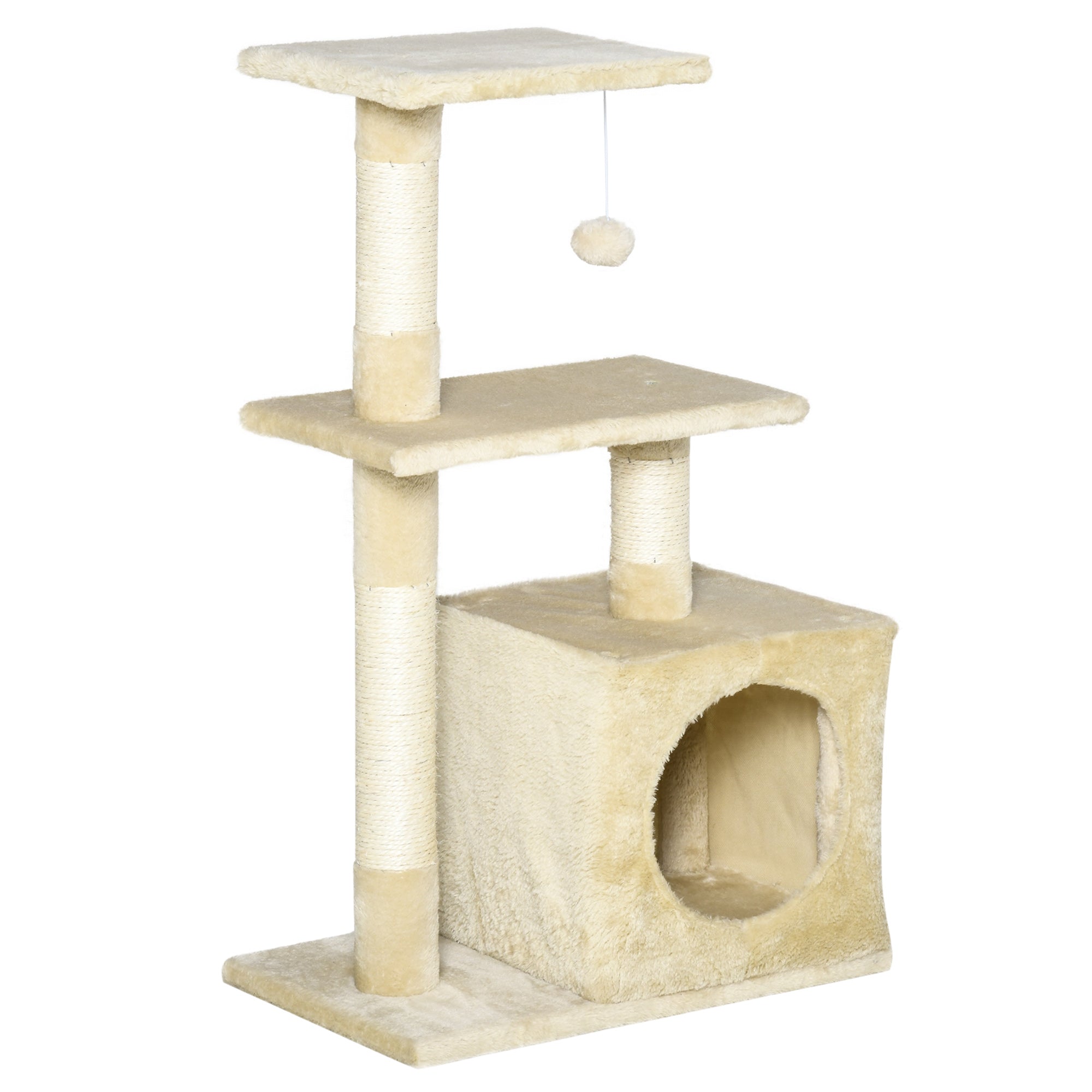 EASYCOMFORT Scratching Post for Cats with Ball Kennel and Poles in Beige Sisal Rope 50 x 30 x 80cm
