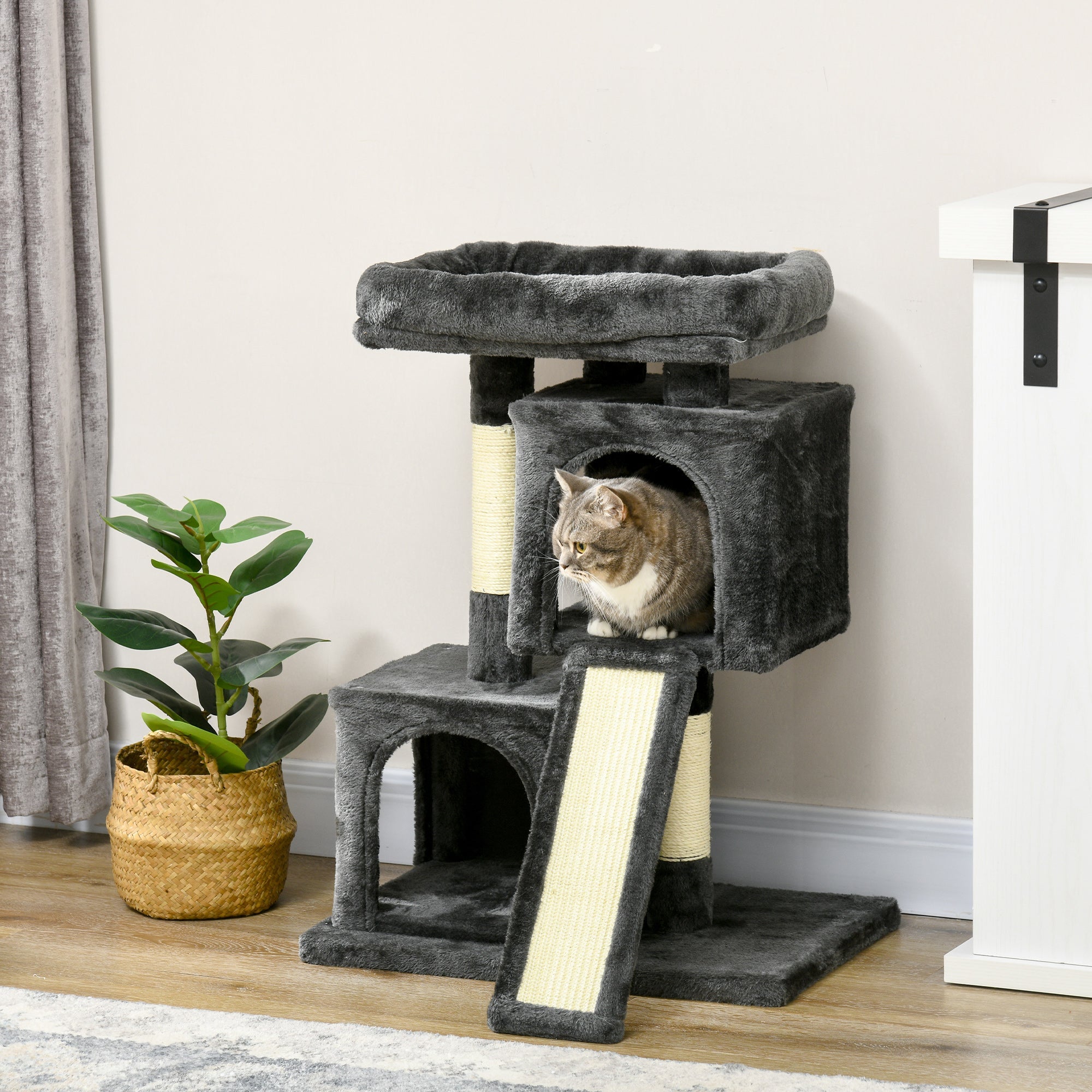 EASYCOMFORT Scratching Tree for Cats with Sisal Poles, Bed and 2 Houses, 59x39x83cm, Dark Gray