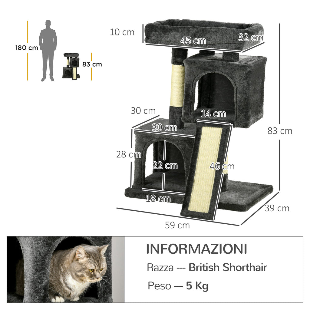 EASYCOMFORT Scratching Tree for Cats with Sisal Poles, Bed and 2 Houses, 59x39x83cm, Dark Gray