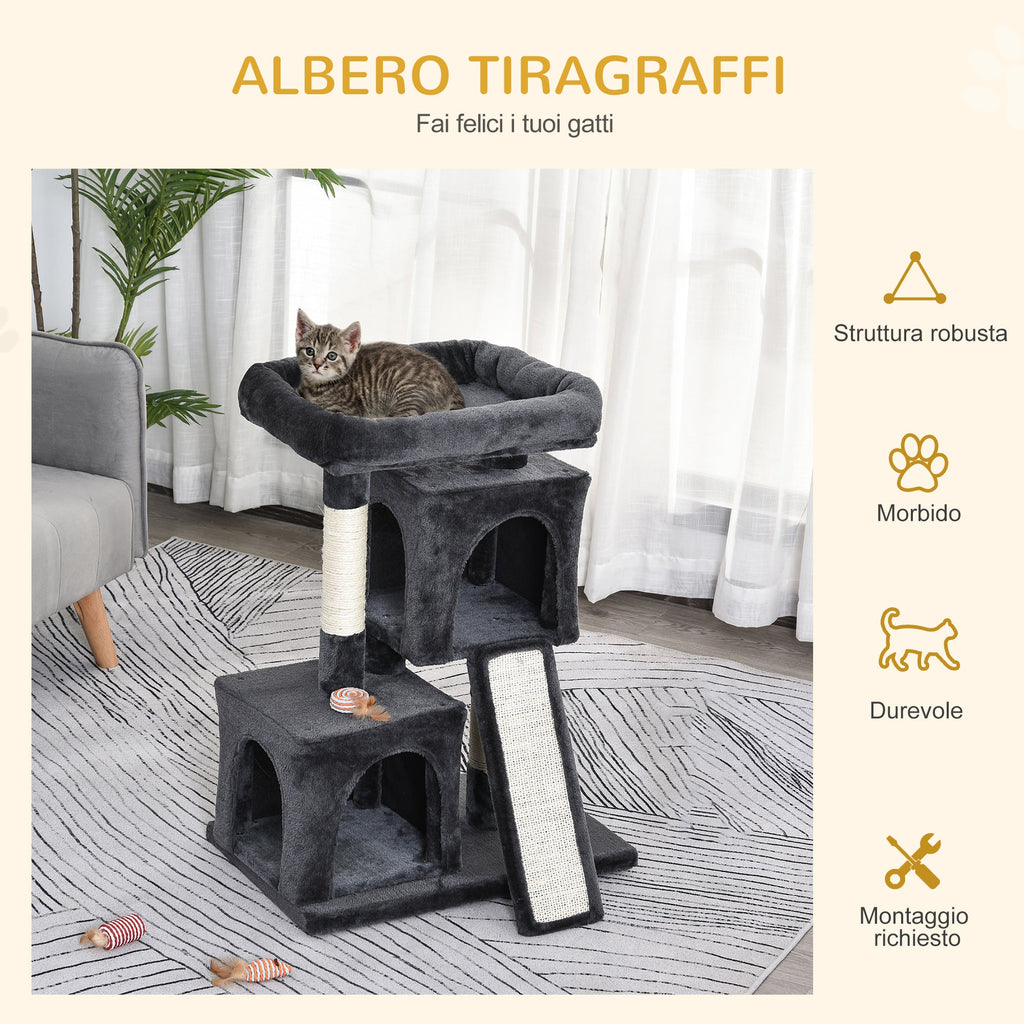 EASYCOMFORT Scratching Tree for Cats with Sisal Poles, Bed and 2 Houses, 59x39x83cm, Dark Gray