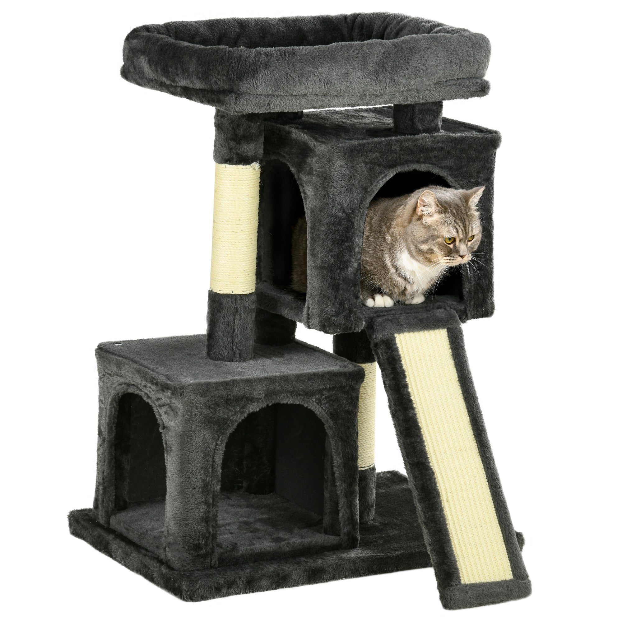 EASYCOMFORT Scratching Tree for Cats with Sisal Poles, Bed and 2 Houses, 59x39x83cm, Dark Gray