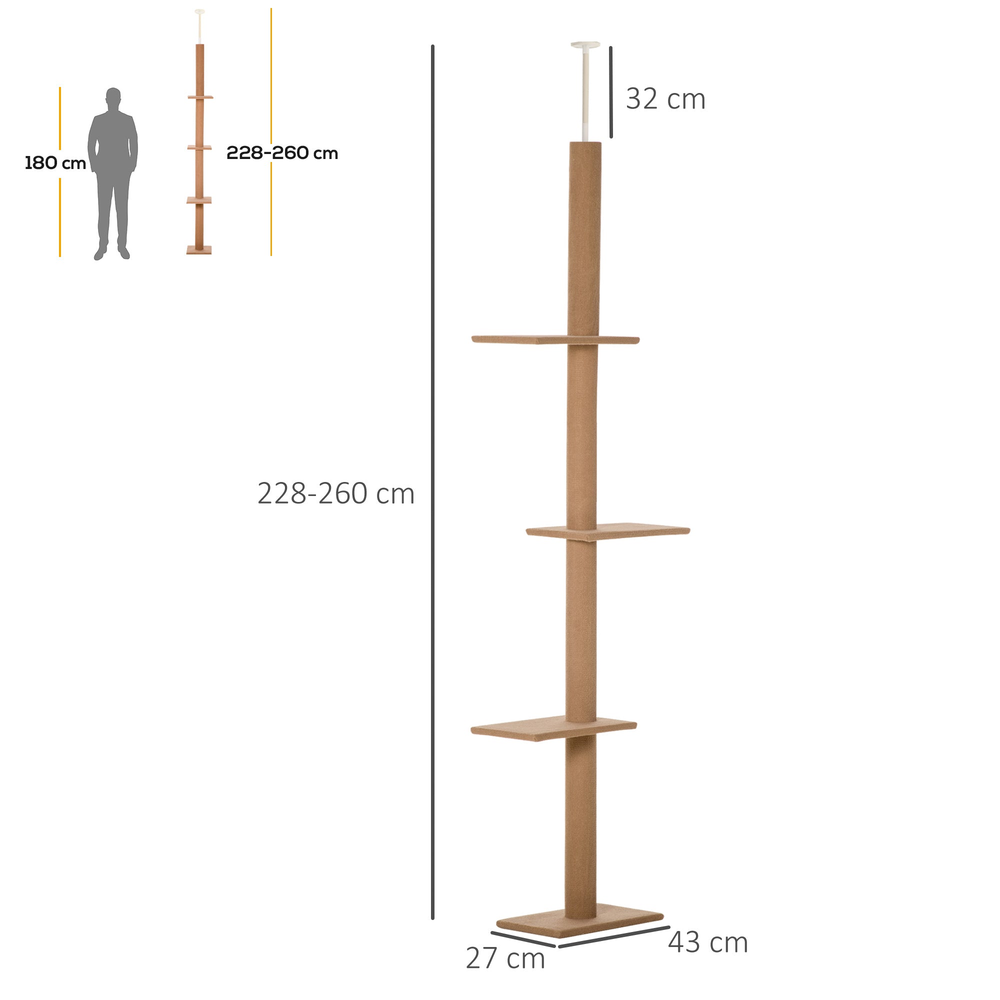 EasyComfort 4-laags krabpaal, verstelbare plafondstang, 43x27x228-260cm