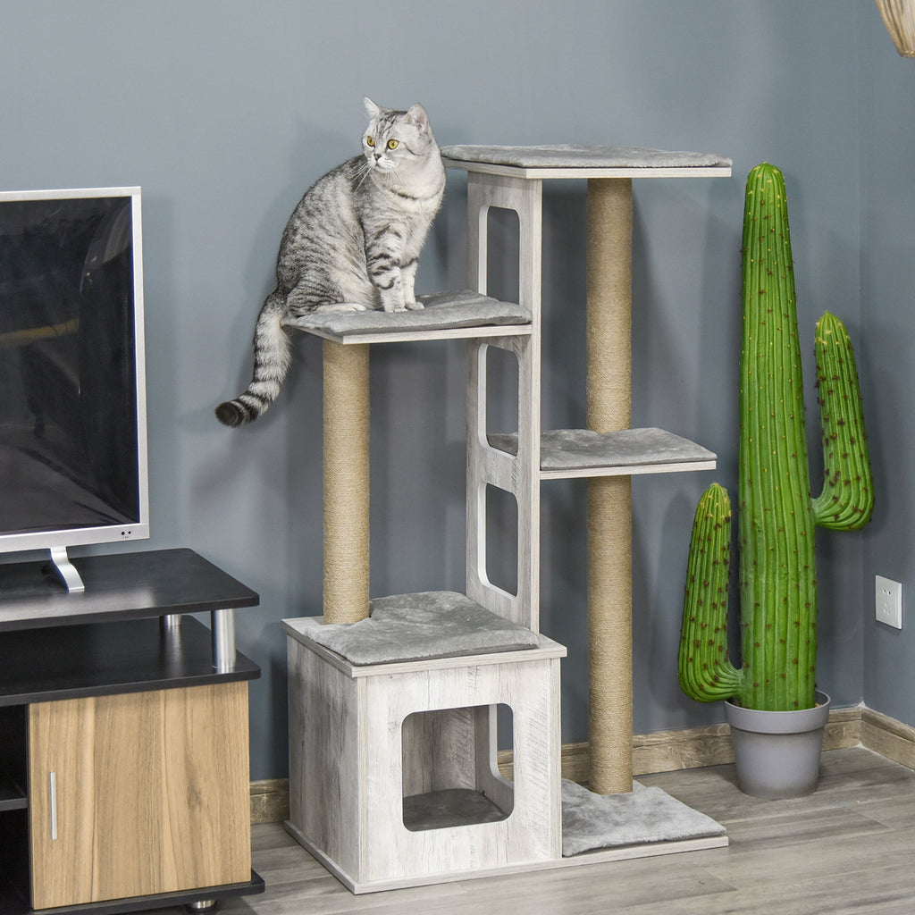 EASYCOMFORT Multi-level Cat Scratching Post, Kennel and Jute Ropes, Gray