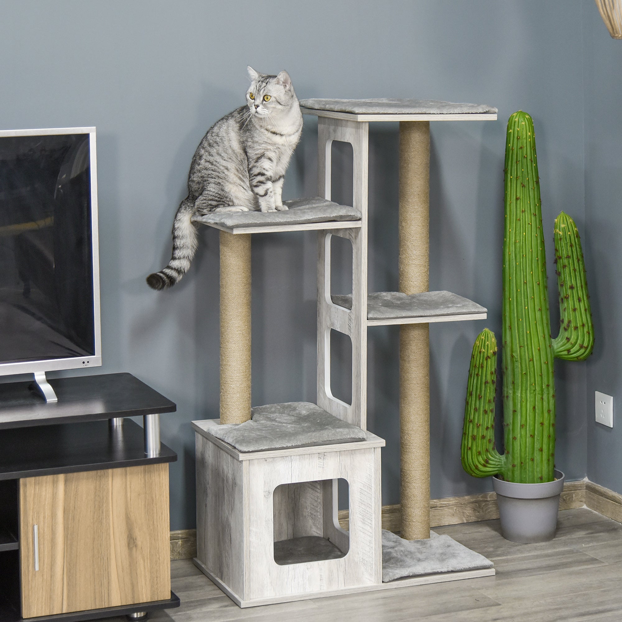 EASYCOMFORT Multi-level Cat Scratching Post, Kennel and Jute Ropes, Gray