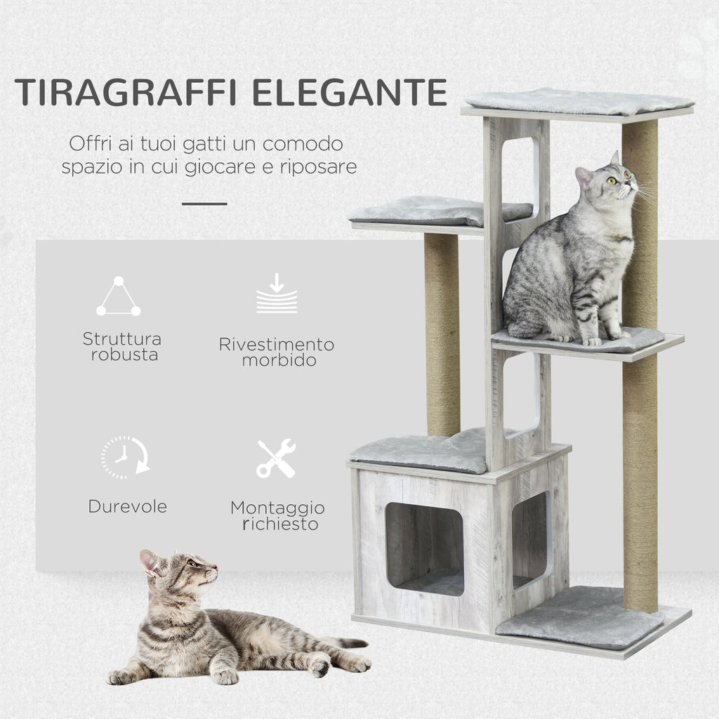 EASYCOMFORT Multi-level Cat Scratching Post, Kennel and Jute Ropes, Gray