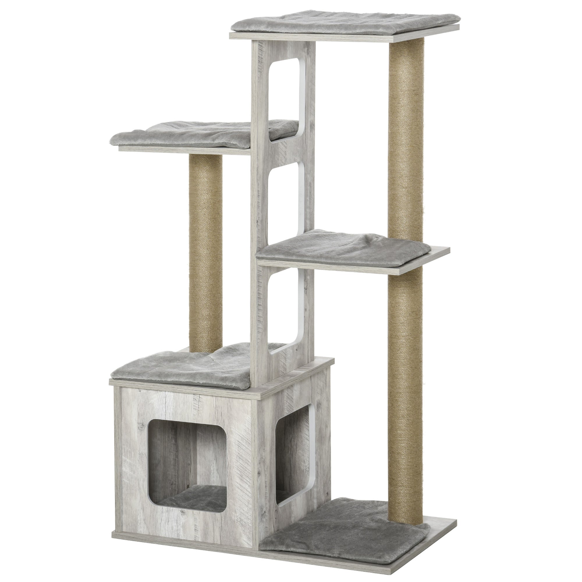 EASYCOMFORT Multi-level Cat Scratching Post, Kennel and Jute Ropes, Gray