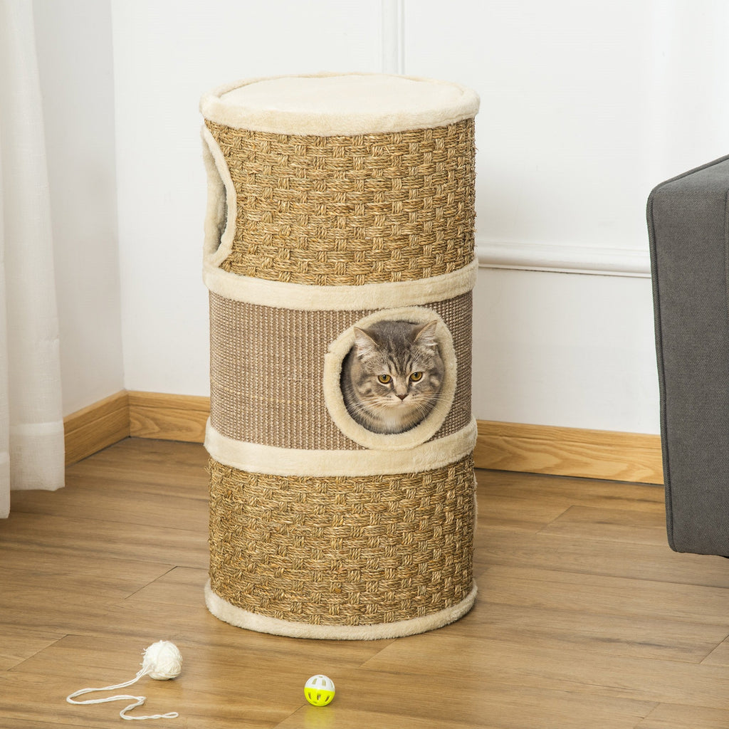 EASYCOMFORT Cat Kennel Tower Scratching Post 3 Niches Sisal Rope Seaweed