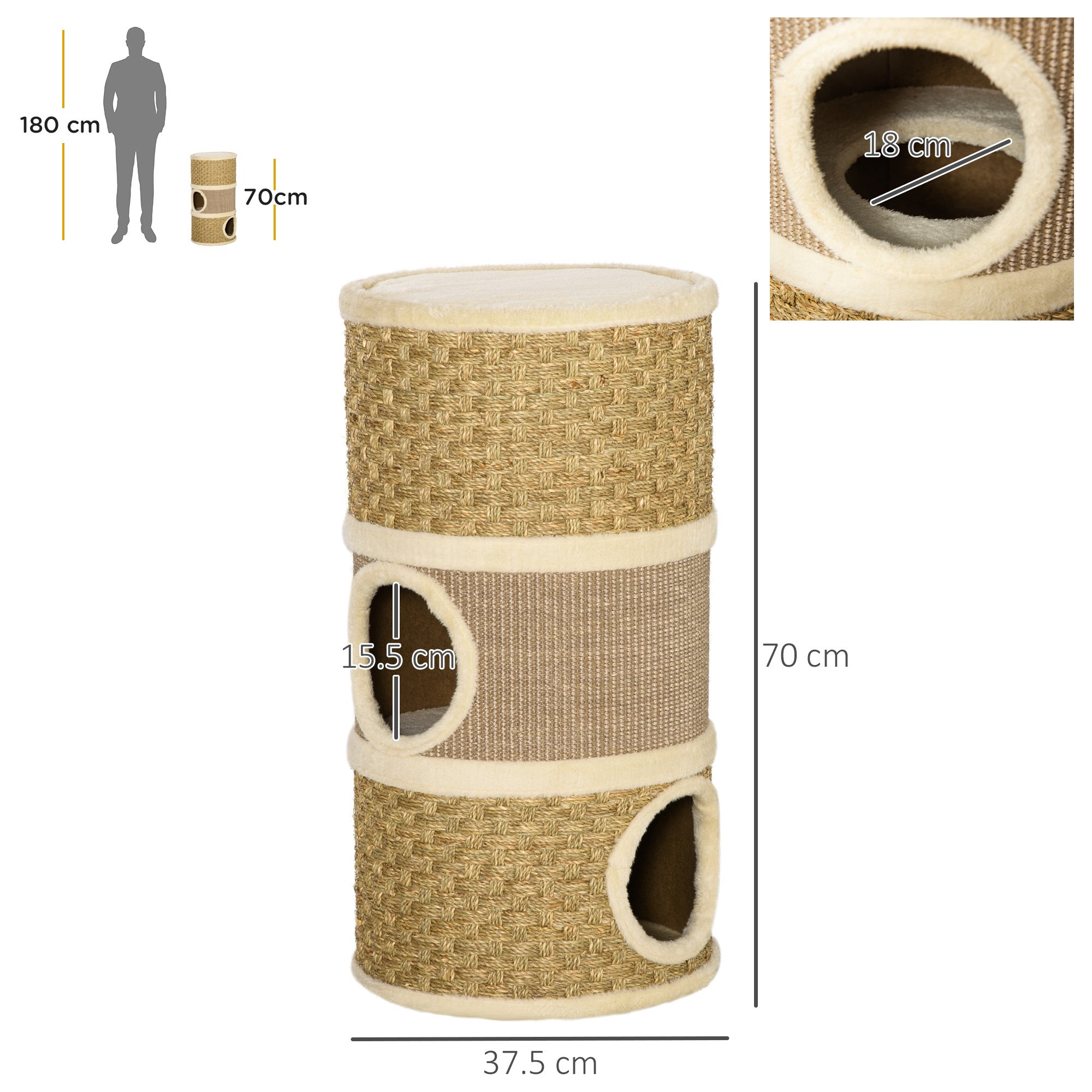 EASYCOMFORT Cat Kennel Tower Scratching Post 3 Niches Sisal Rope Seaweed