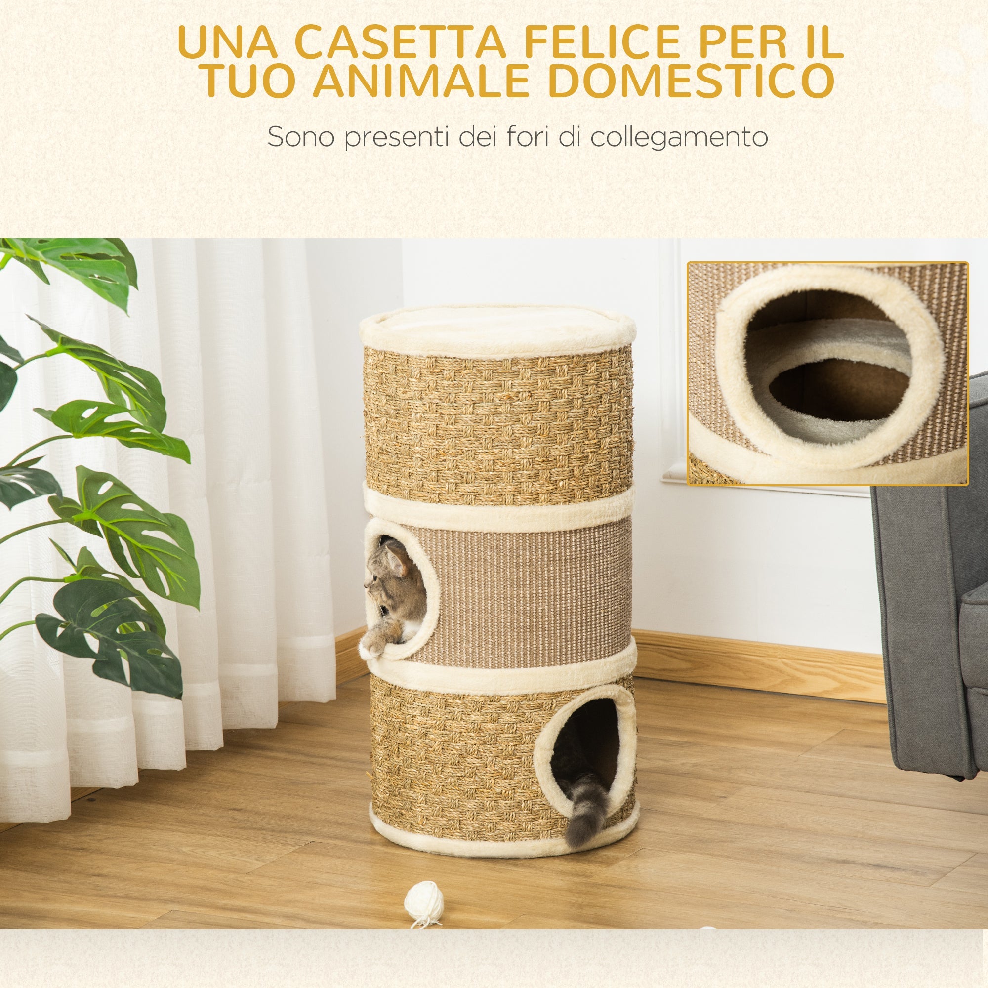 EASYCOMFORT Cat Kennel Tower Scratching Post 3 Niches Sisal Rope Seaweed