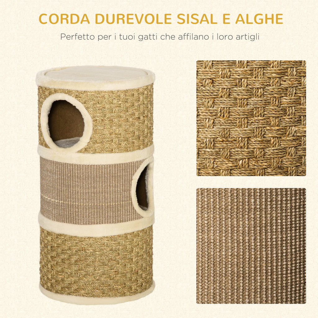 EASYCOMFORT Cat Kennel Tower Scratching Post 3 Niches Sisal Rope Seaweed