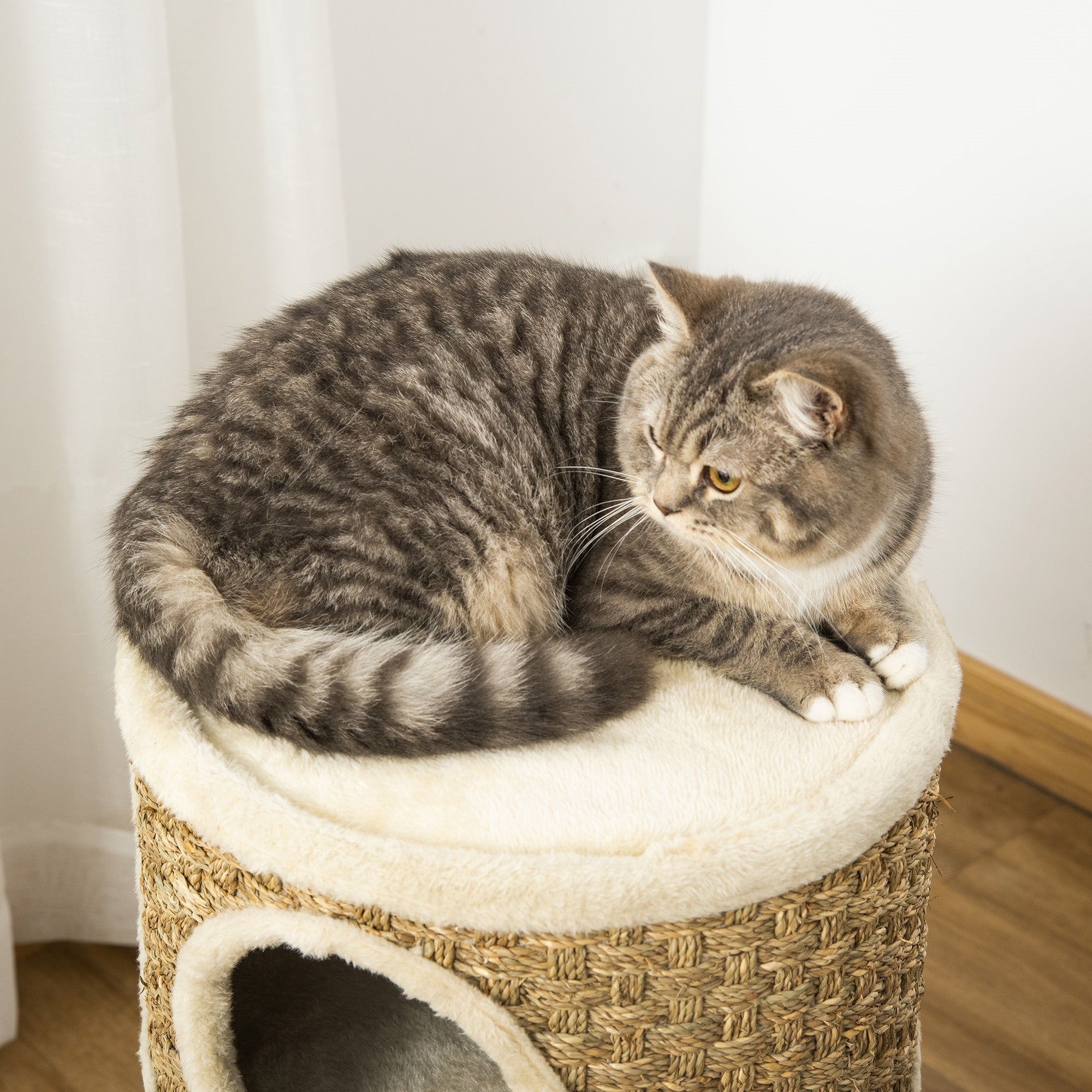 EASYCOMFORT Cat Kennel Tower Scratching Post 3 Niches Sisal Rope Seaweed