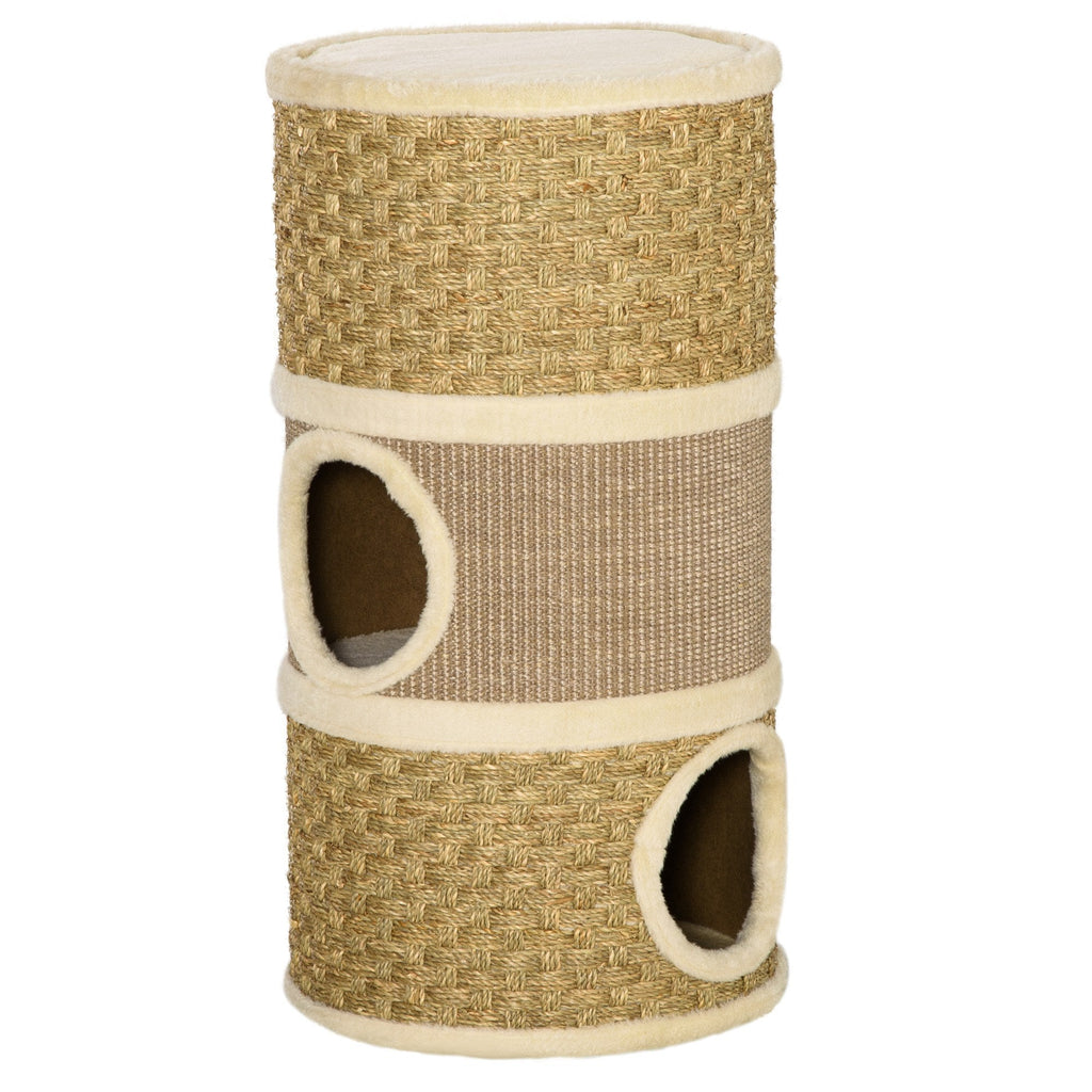 EASYCOMFORT Cat Kennel Tower Scratching Post 3 Niches Sisal Rope Seaweed
