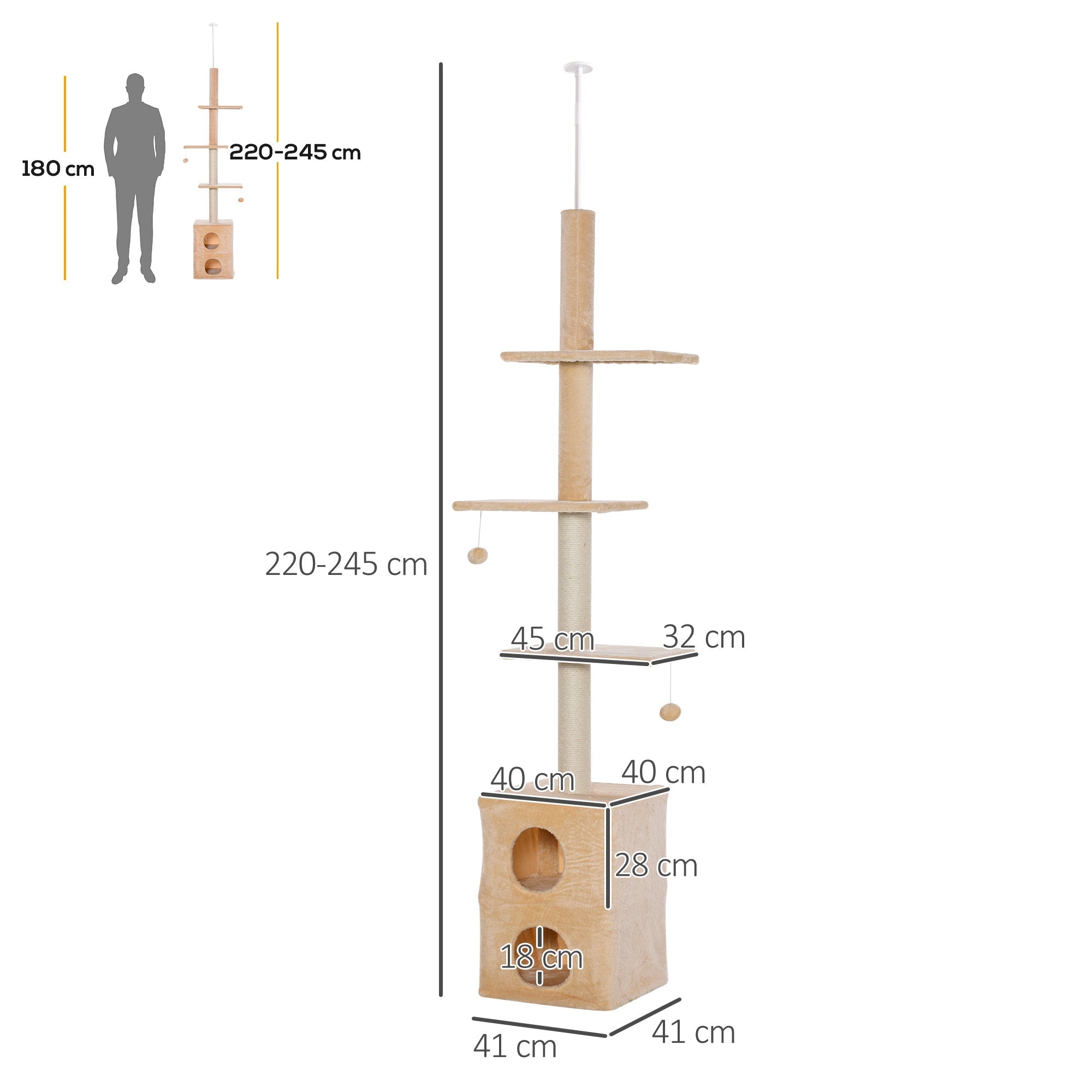 EASYCOMFORT Multilevel Ceiling Scratching Post 210-240cm with Yellow Jute Cords
