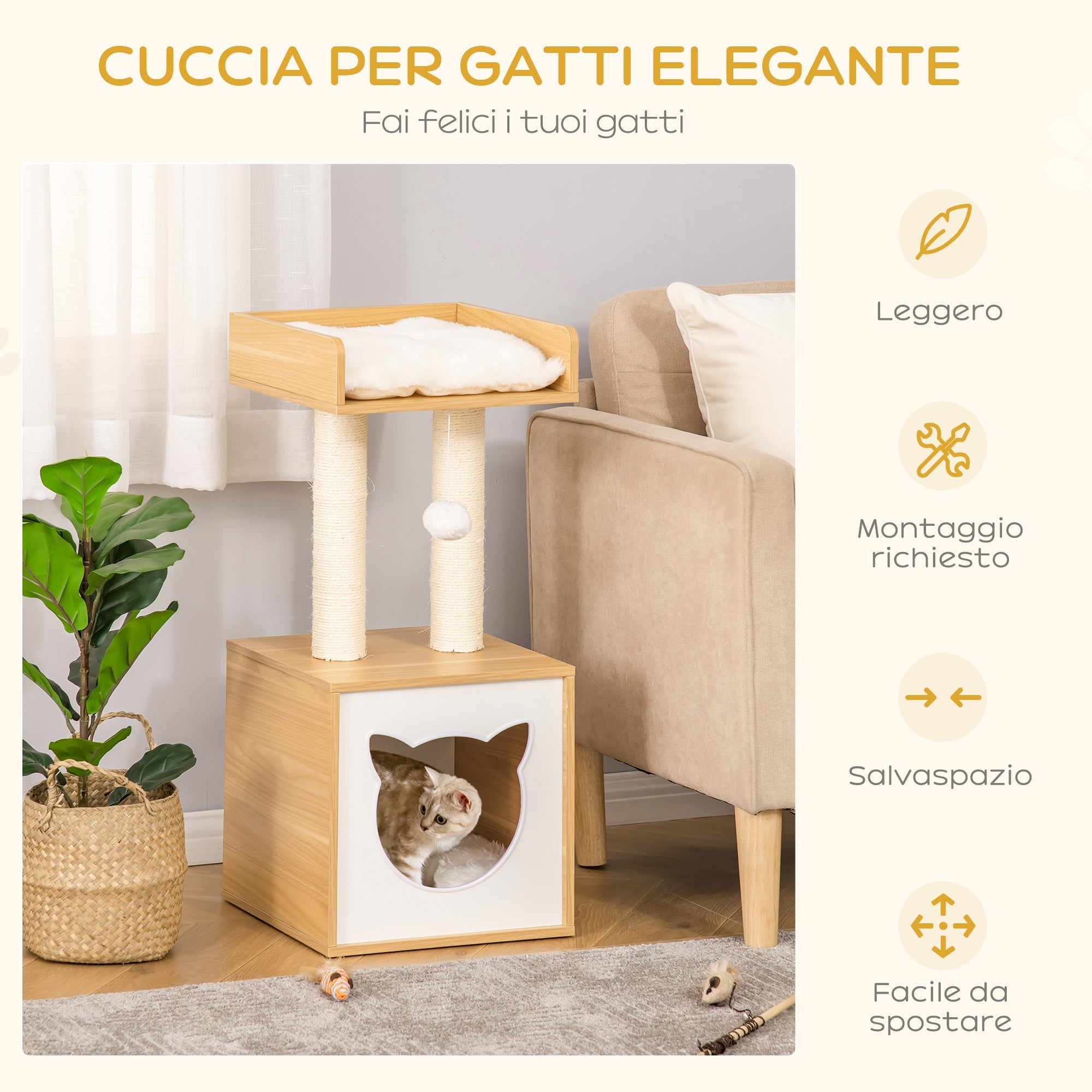 EasyComfort kattenhuis met krabpalen 35x35x81 cm - eiken