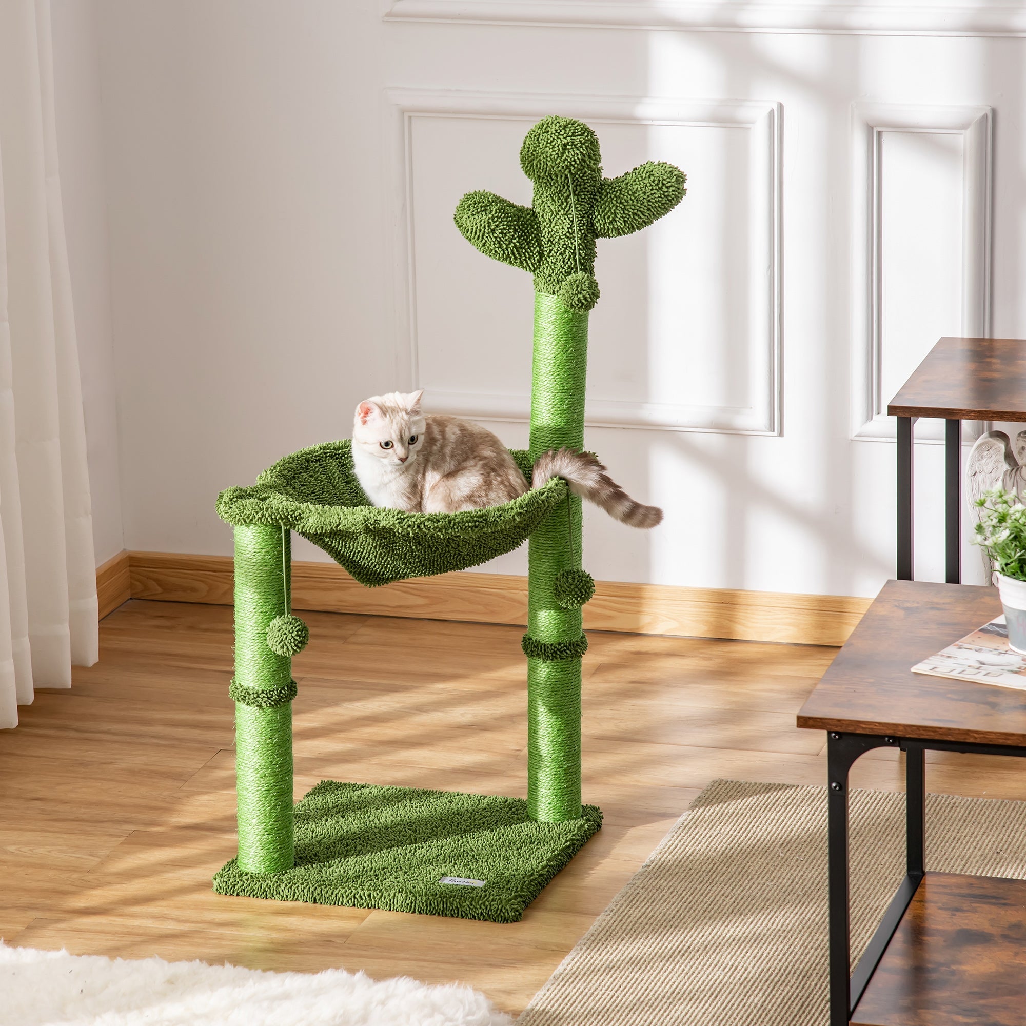 Easycomfort Albero Tiragraffi per Gatti fino 4.5kg a Forma di Cactus with Palline e Amaca, 40x40x96cm - Verde