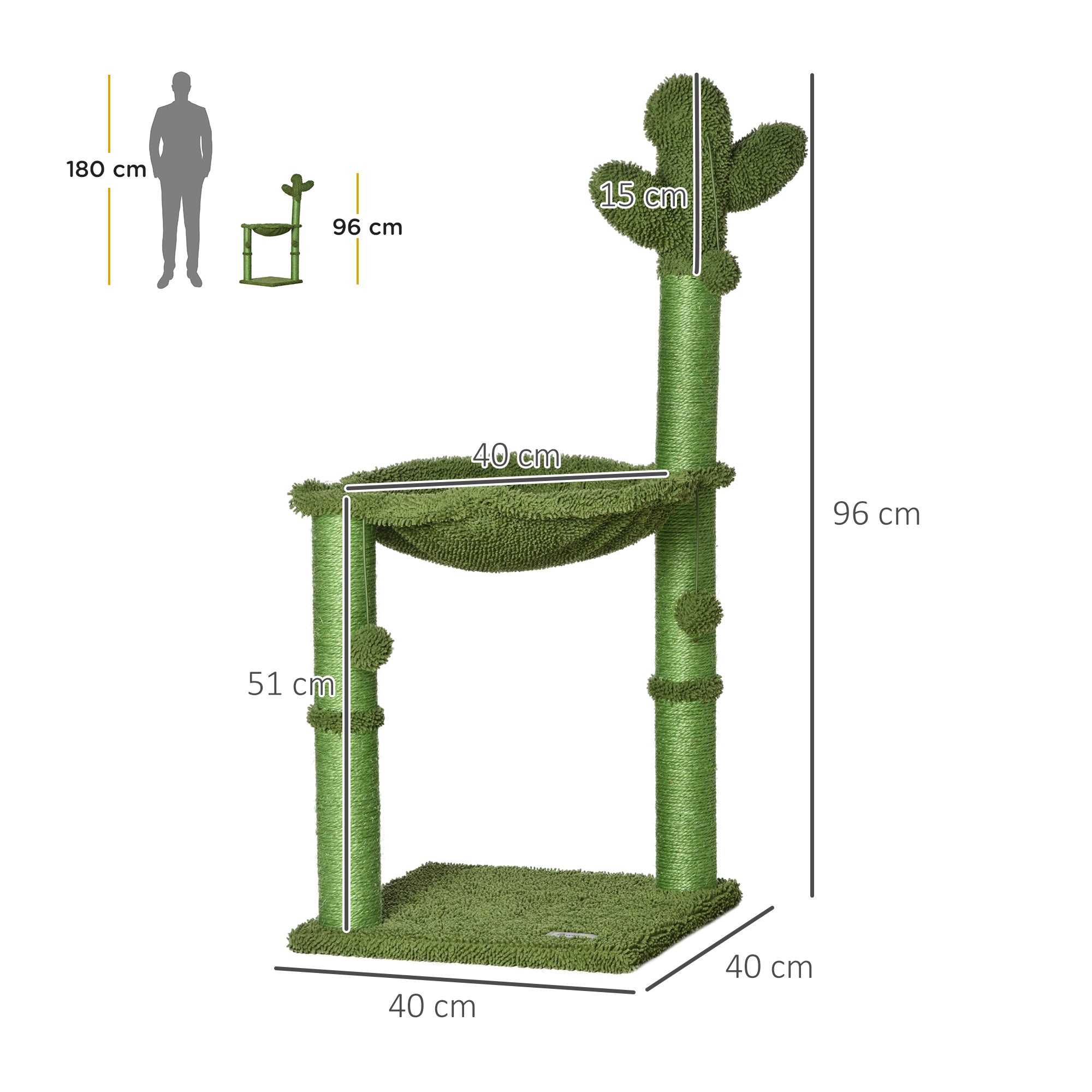 Easycomfort Albero Tiragraffi per Gatti fino 4.5kg a Forma di Cactus with Palline e Amaca, 40x40x96cm - Verde