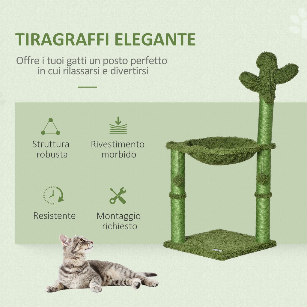 Easycomfort Albero Tiragraffi per Gatti fino 4.5kg a Forma di Cactus with Palline e Amaca, 40x40x96cm - Verde