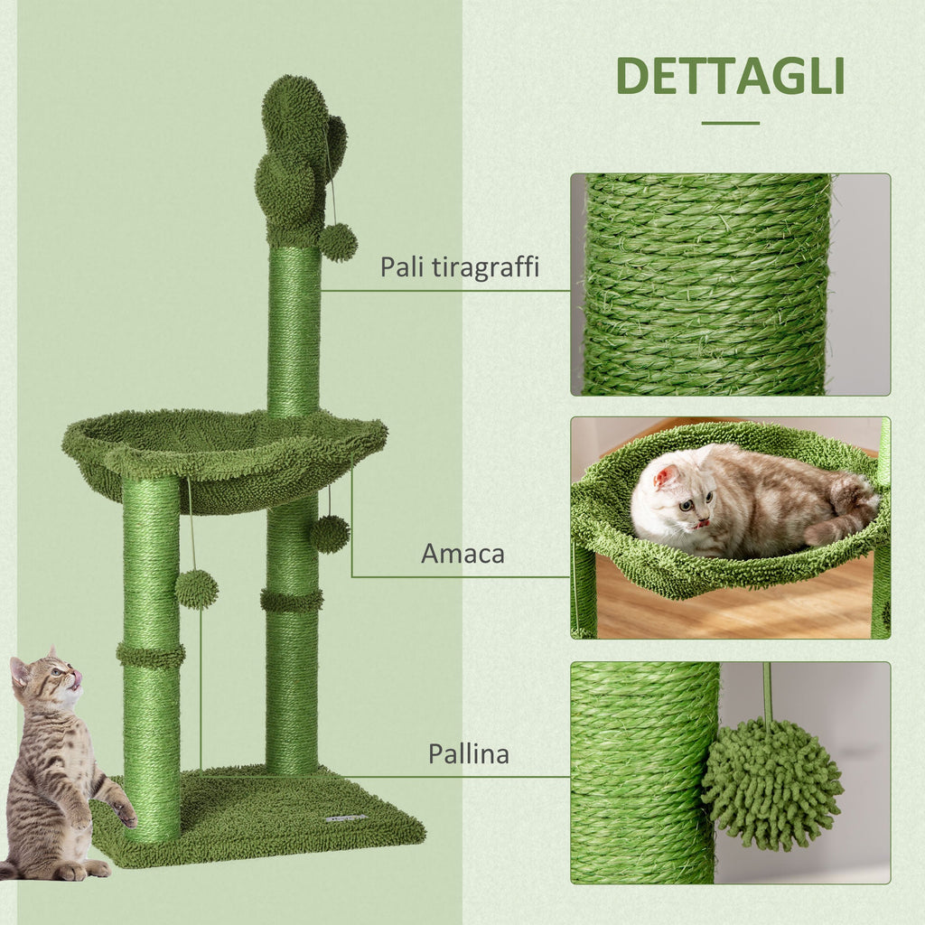 Easycomfort Albero Tiragraffi per Gatti fino 4.5kg a Forma di Cactus with Palline e Amaca, 40x40x96cm - Verde