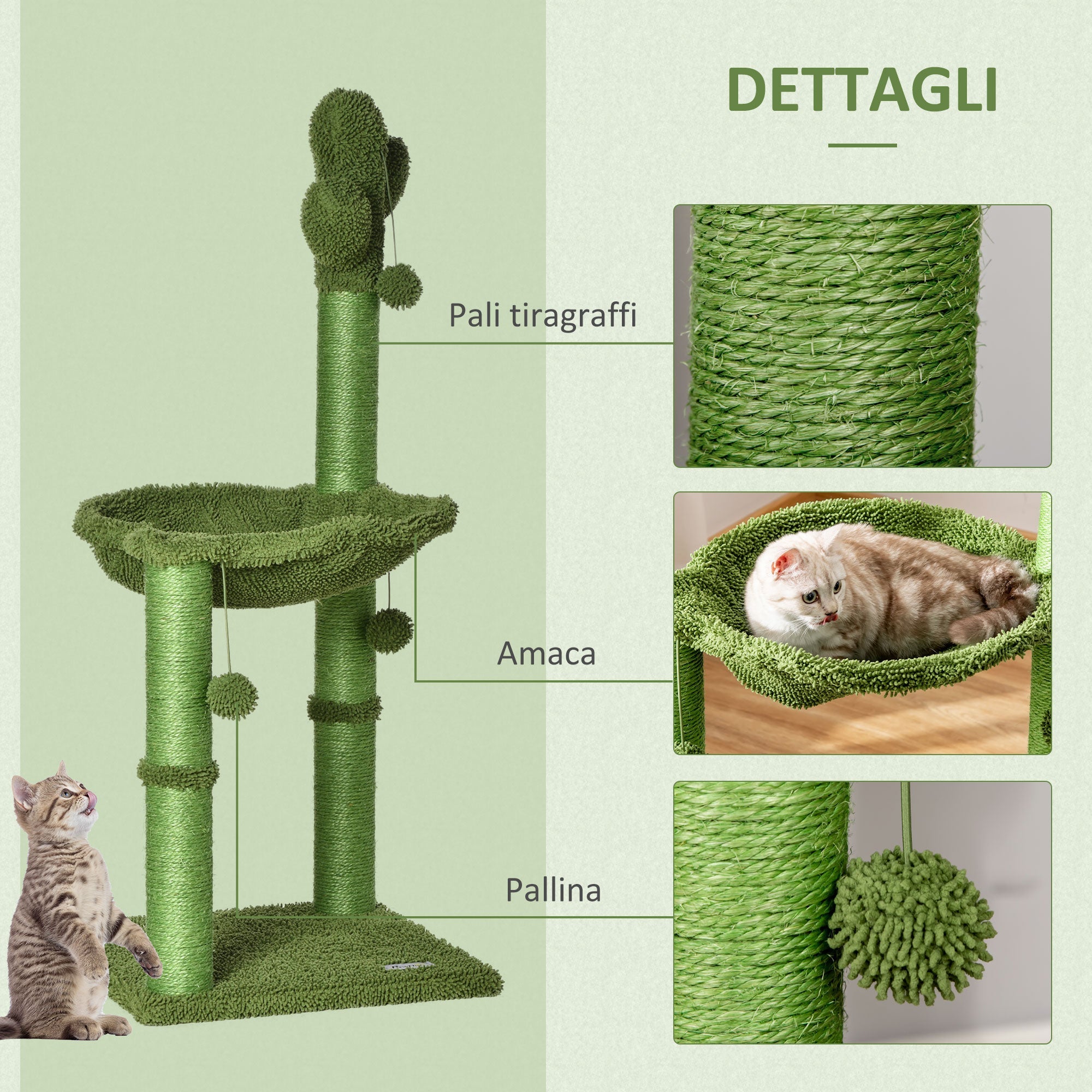 Easycomfort Albero Tiragraffi per Gatti fino 4.5kg a Forma di Cactus with Palline e Amaca, 40x40x96cm - Verde