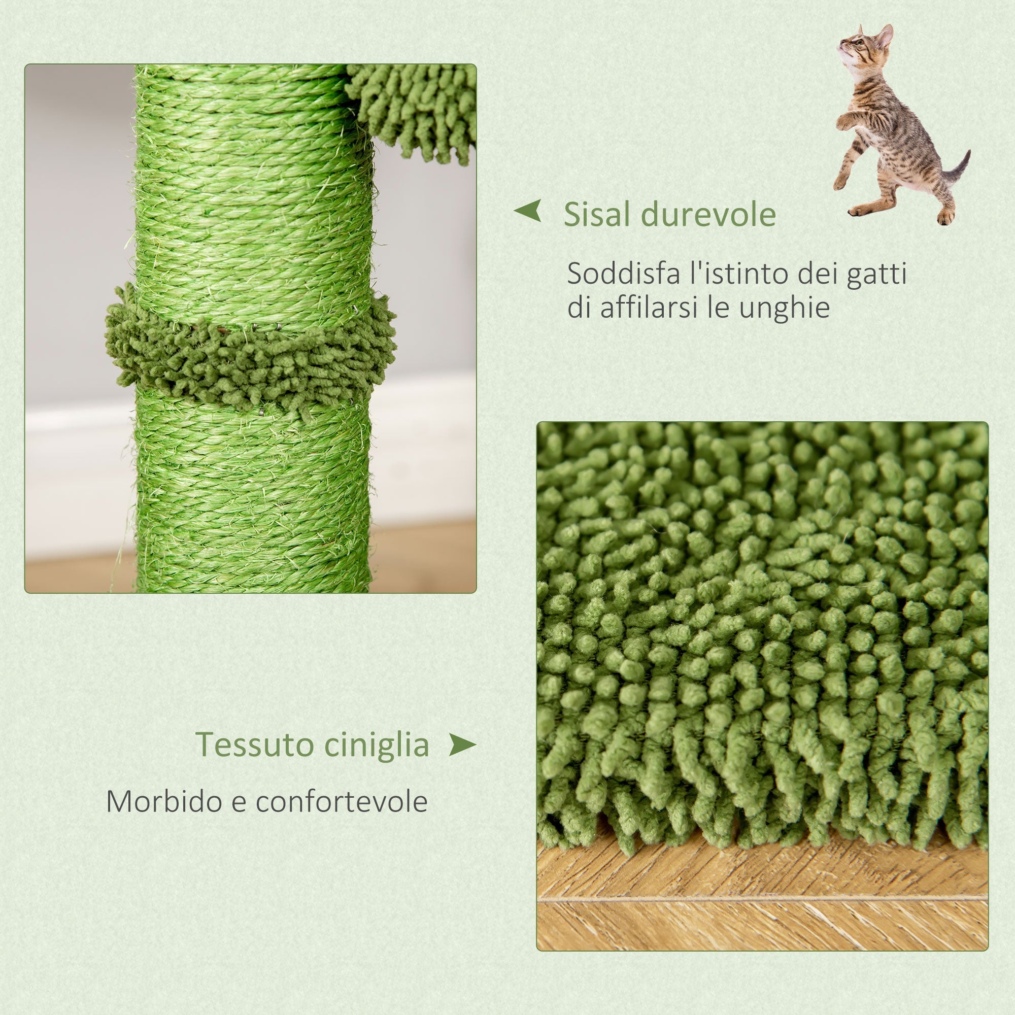 Easycomfort Albero Tiragraffi per Gatti fino 4.5kg a Forma di Cactus with Palline e Amaca, 40x40x96cm - Verde