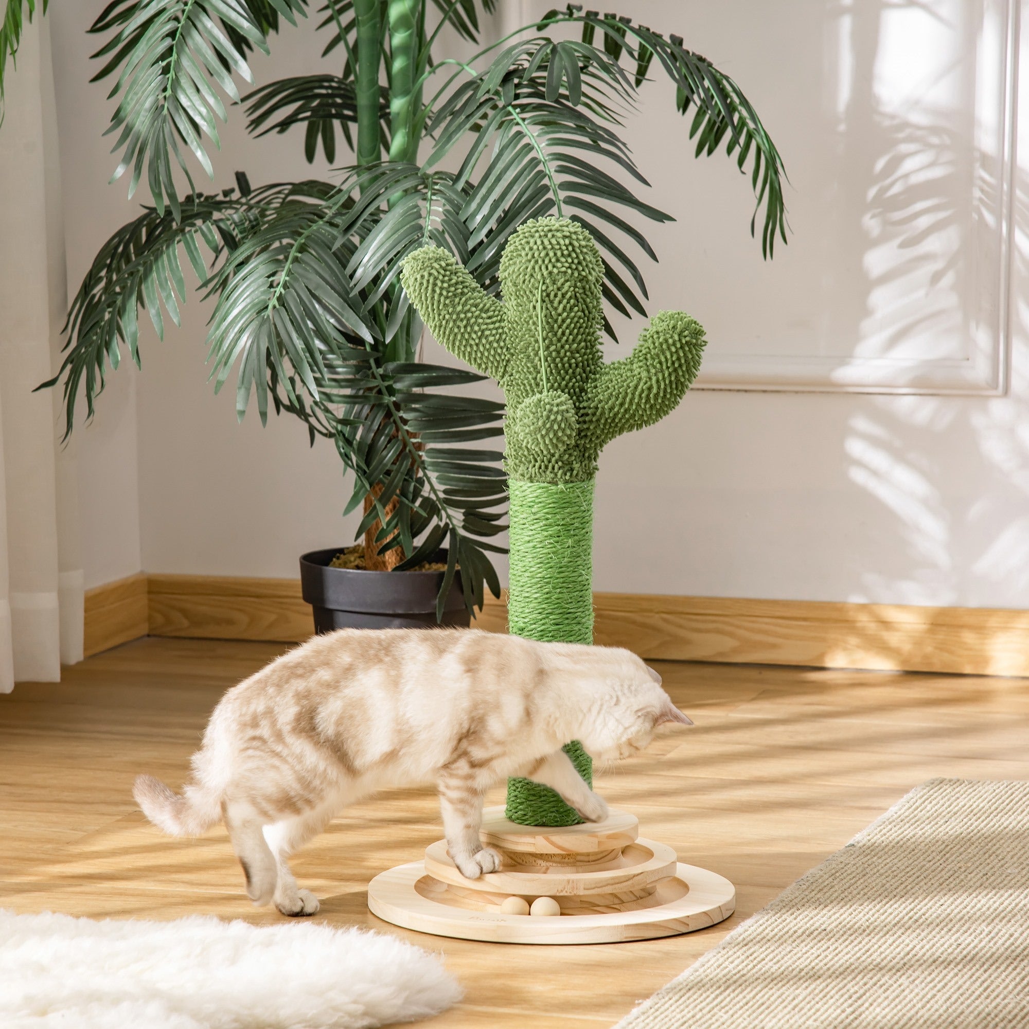 Easycomfort Albero Tiragraffi a Cactus per Gatti, Corda Sisal e Base with Palline in Legno, 32x32x60cm